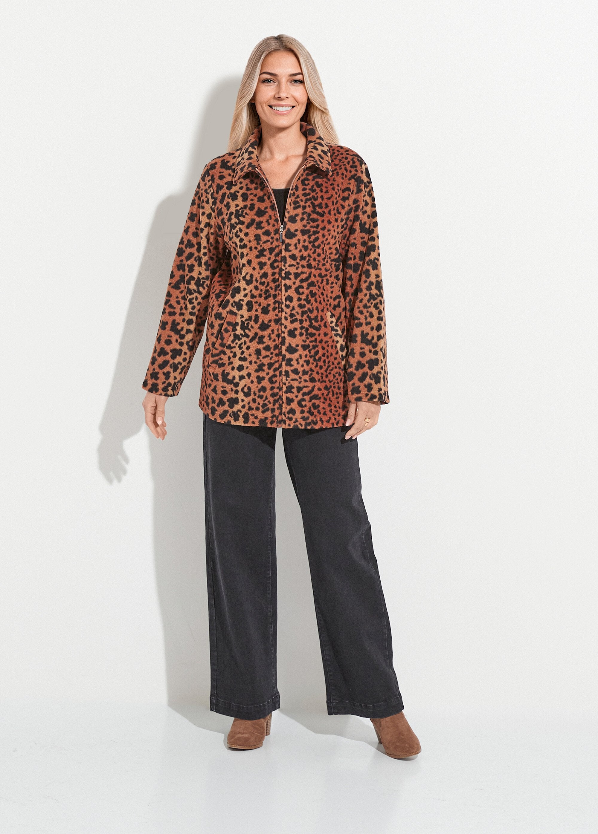 Bedrukte_fleece_jas_met_rits_Marron_et_noir_SF1_slim