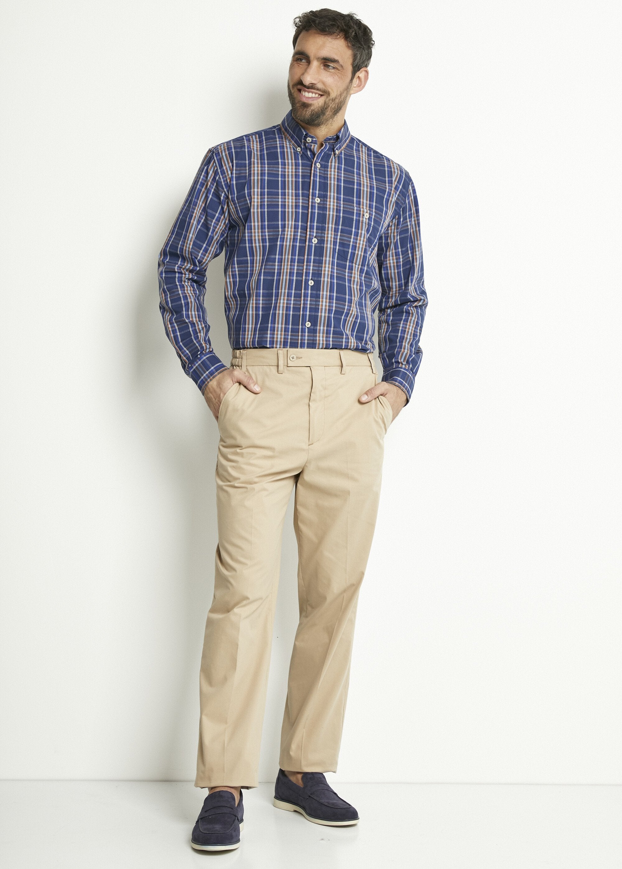 Effen_of_geruit_katoenen_overhemd_met_lange_mouwen_Carreaux_bleu_SF1_slim