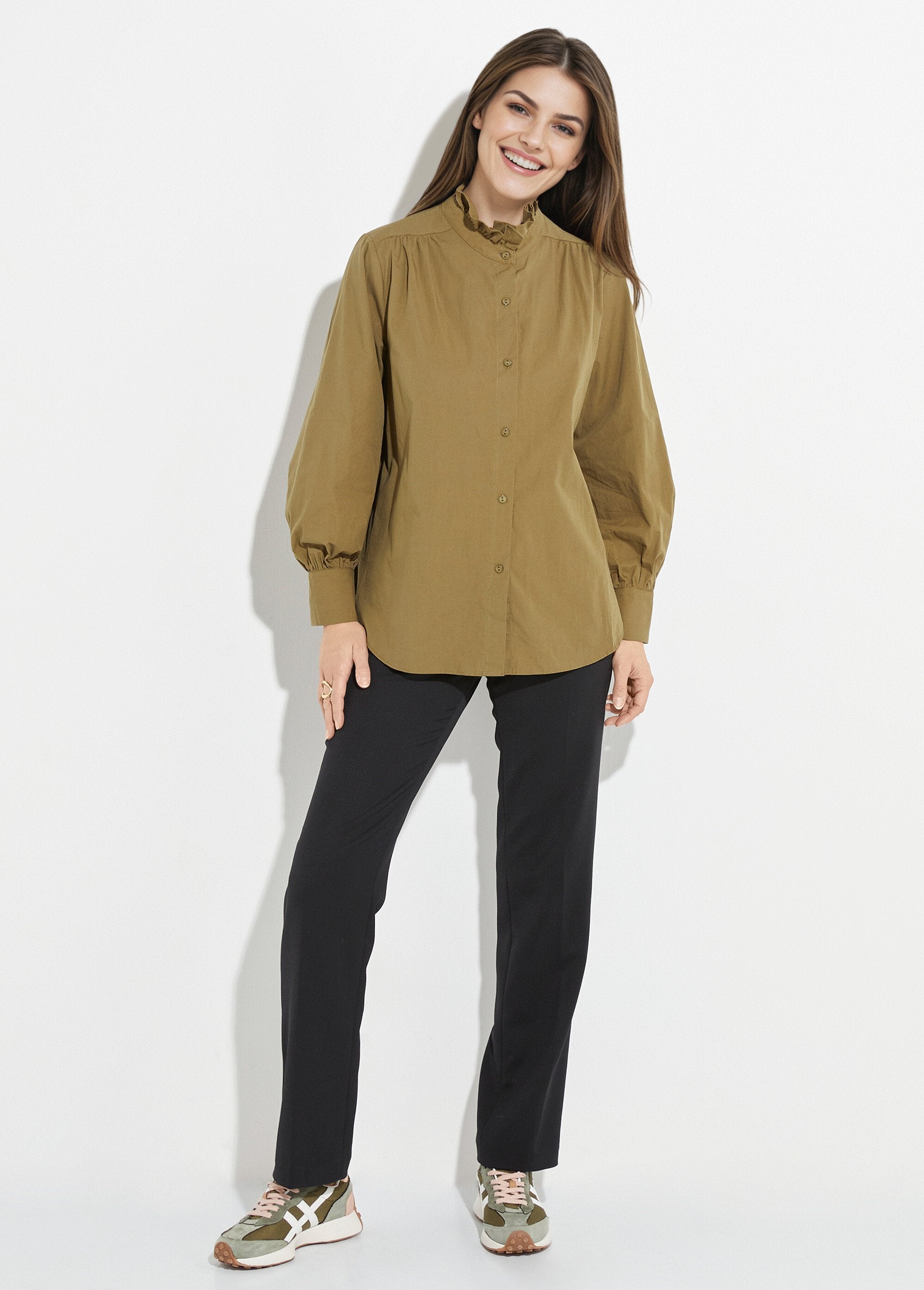 Blouse_met_geplooide_opstaande_kraag_Kaki_SF1_slim