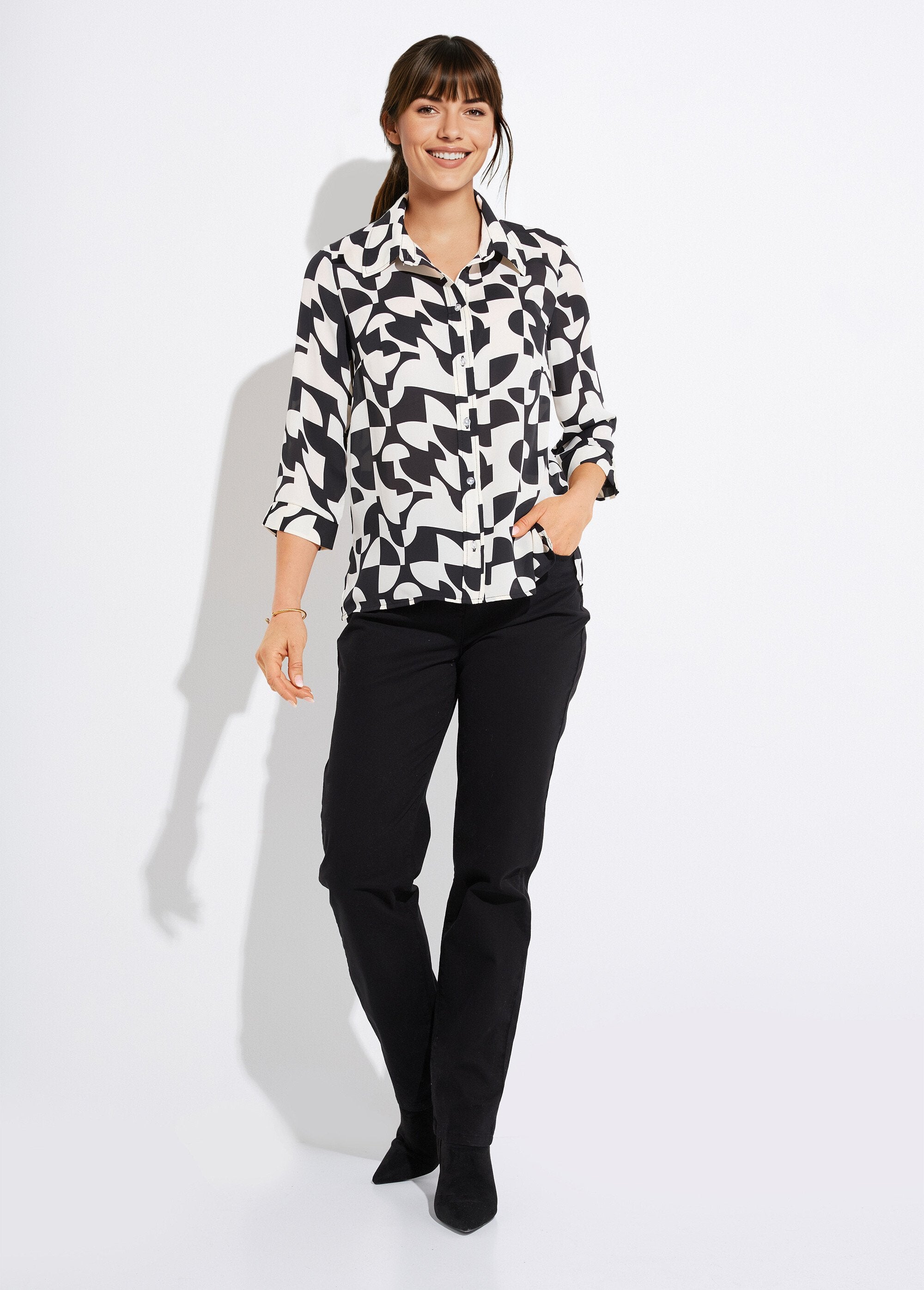 3/4_mouwen_grafische_print_button-down_blouse_Noir_et_ecru_SF1_slim