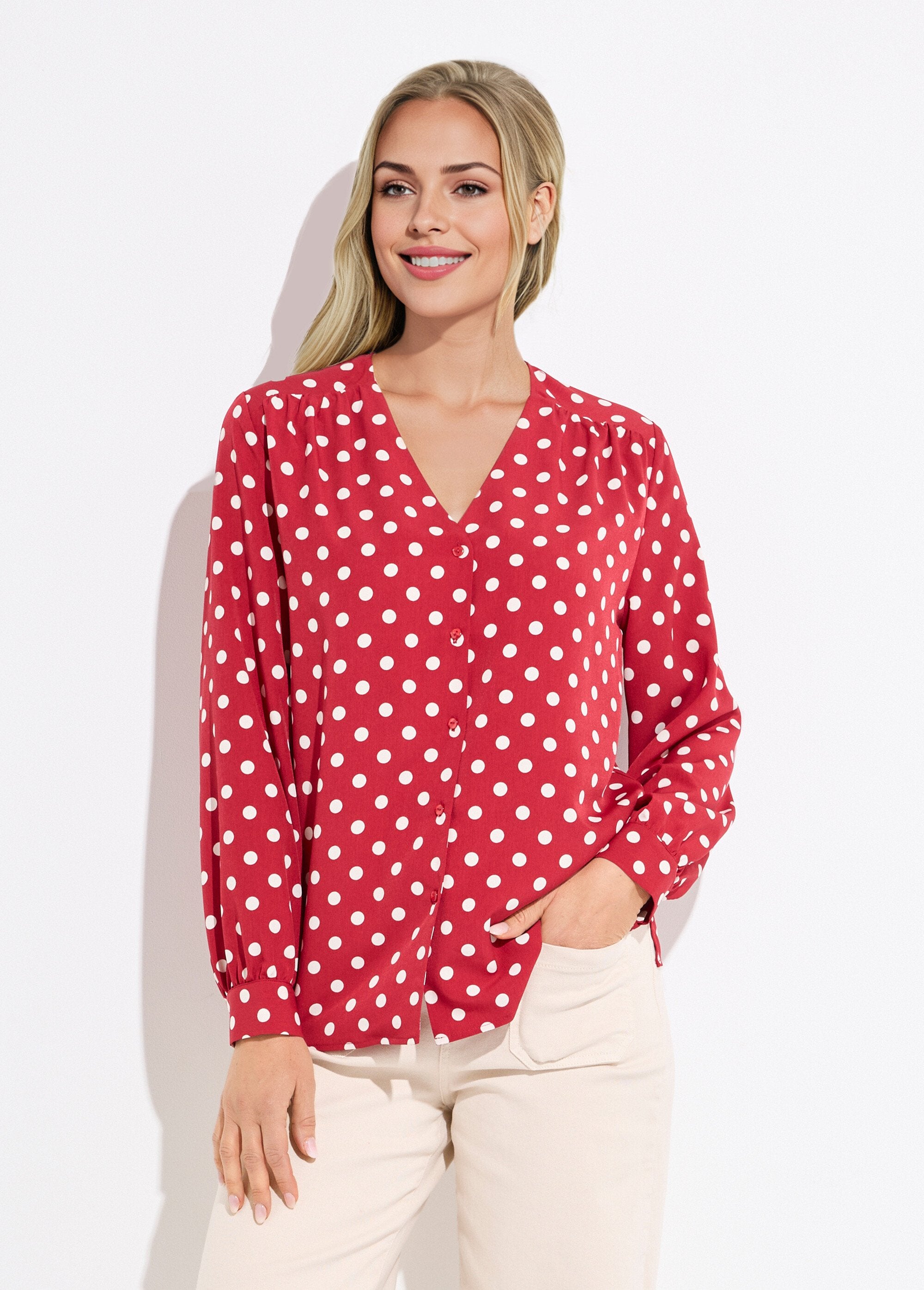 V-hals_blouse_met_lange_mouwen_en_stippenprint_Bordeaux_et_ecru_FA1_slim