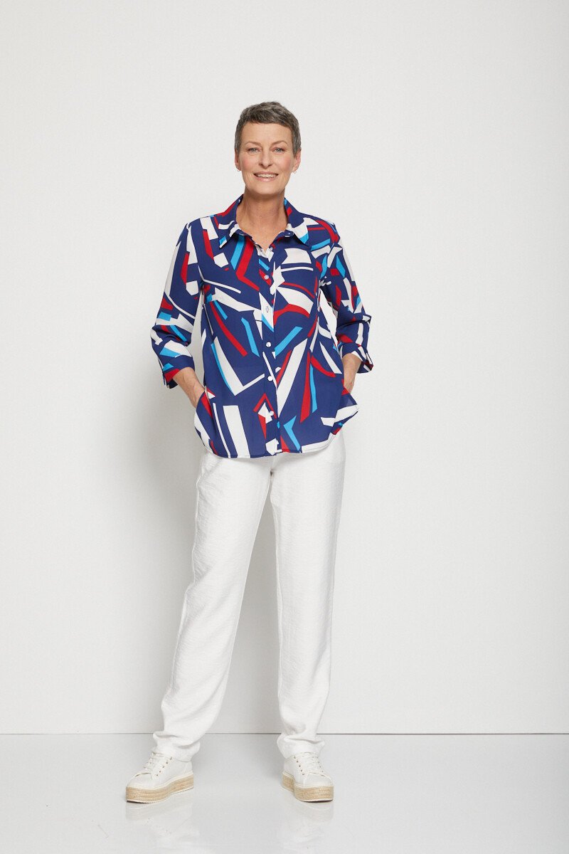 Chemisier_droit_graphique_manches_3/4_Bleu_et_rouge_SF1_slim