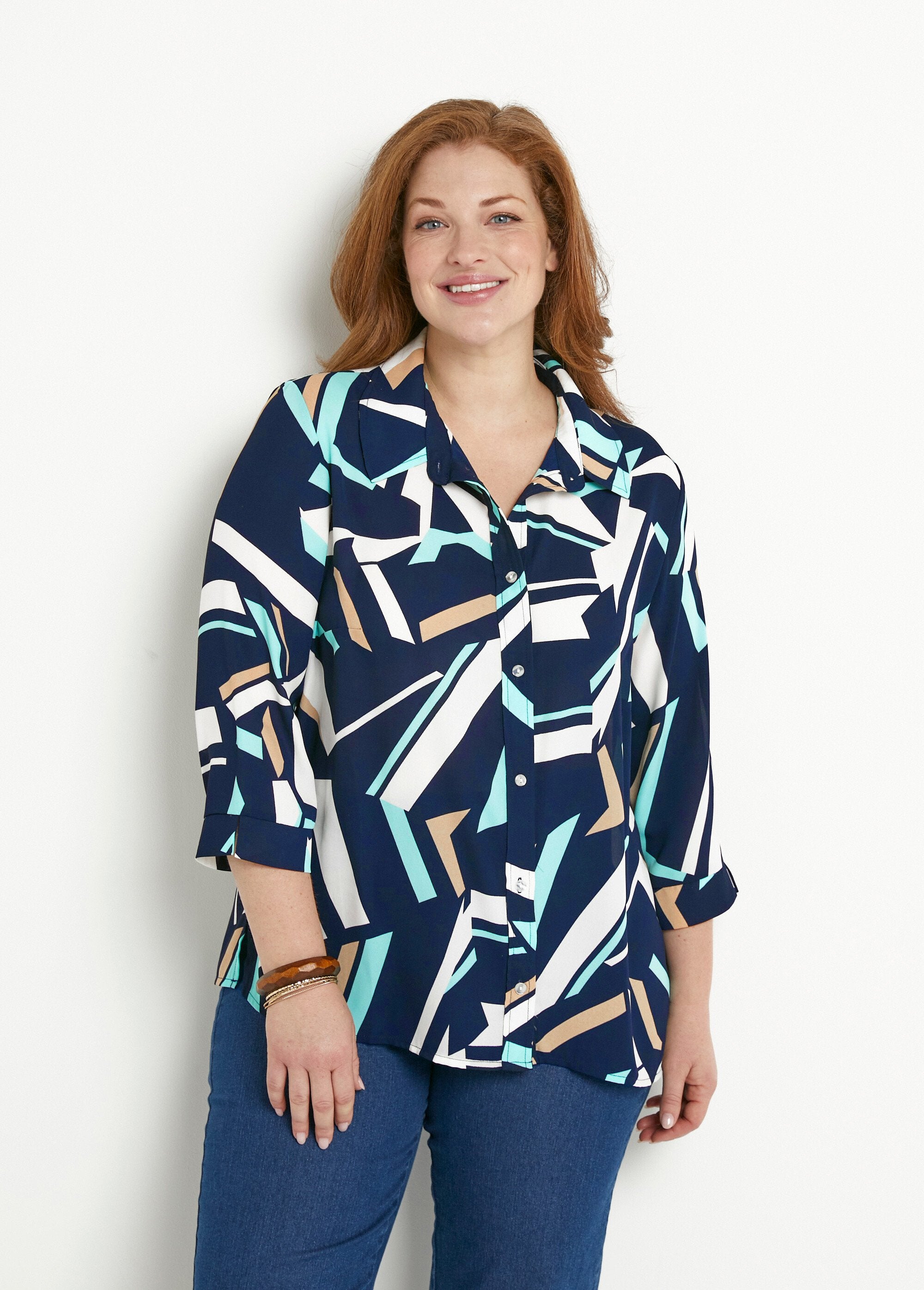 Grafische_blouse_met_3/4_mouwen_Marine_et_beige_FA1_curvy