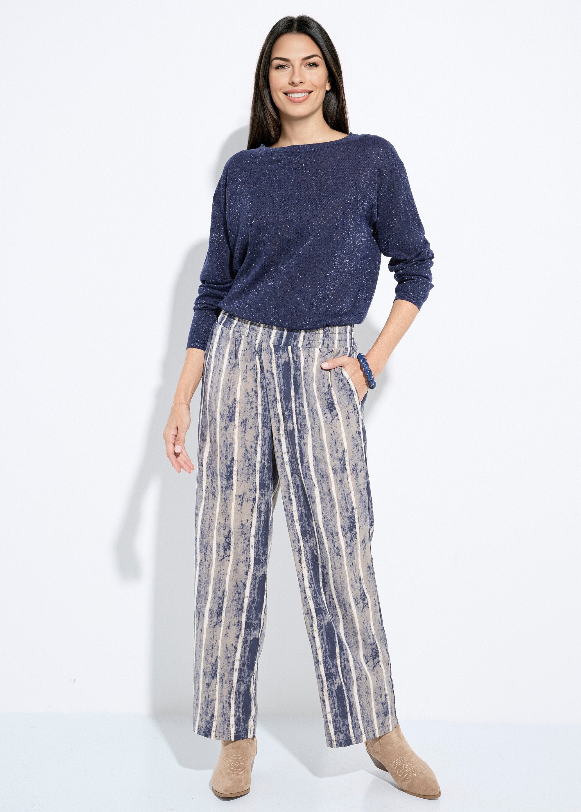 Soepele_elastische_broek,_gestreepte_print_Gris_et_ecru_SF1_slim