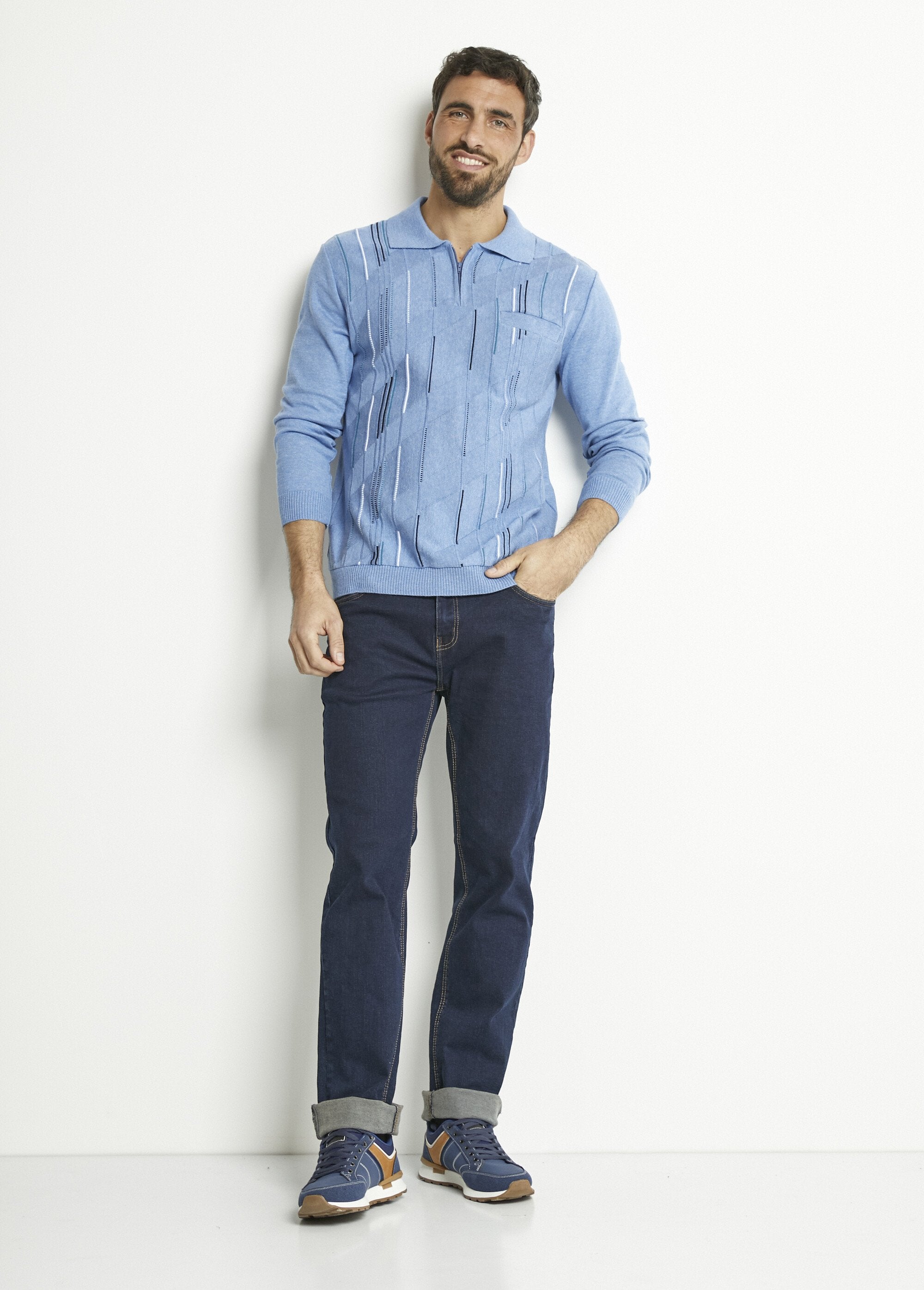 Katoenen_jacquard_polo_met_lange_mouwen_en_ritssluiting_Bleu_SF1_slim