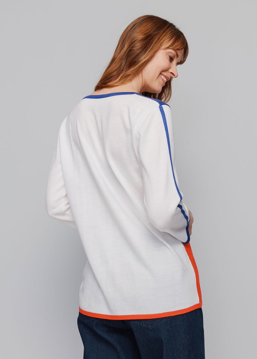 Trui_met_intarsia_3/4-mouwen_Jacquard_bleu_et_rouge_DO1_slim