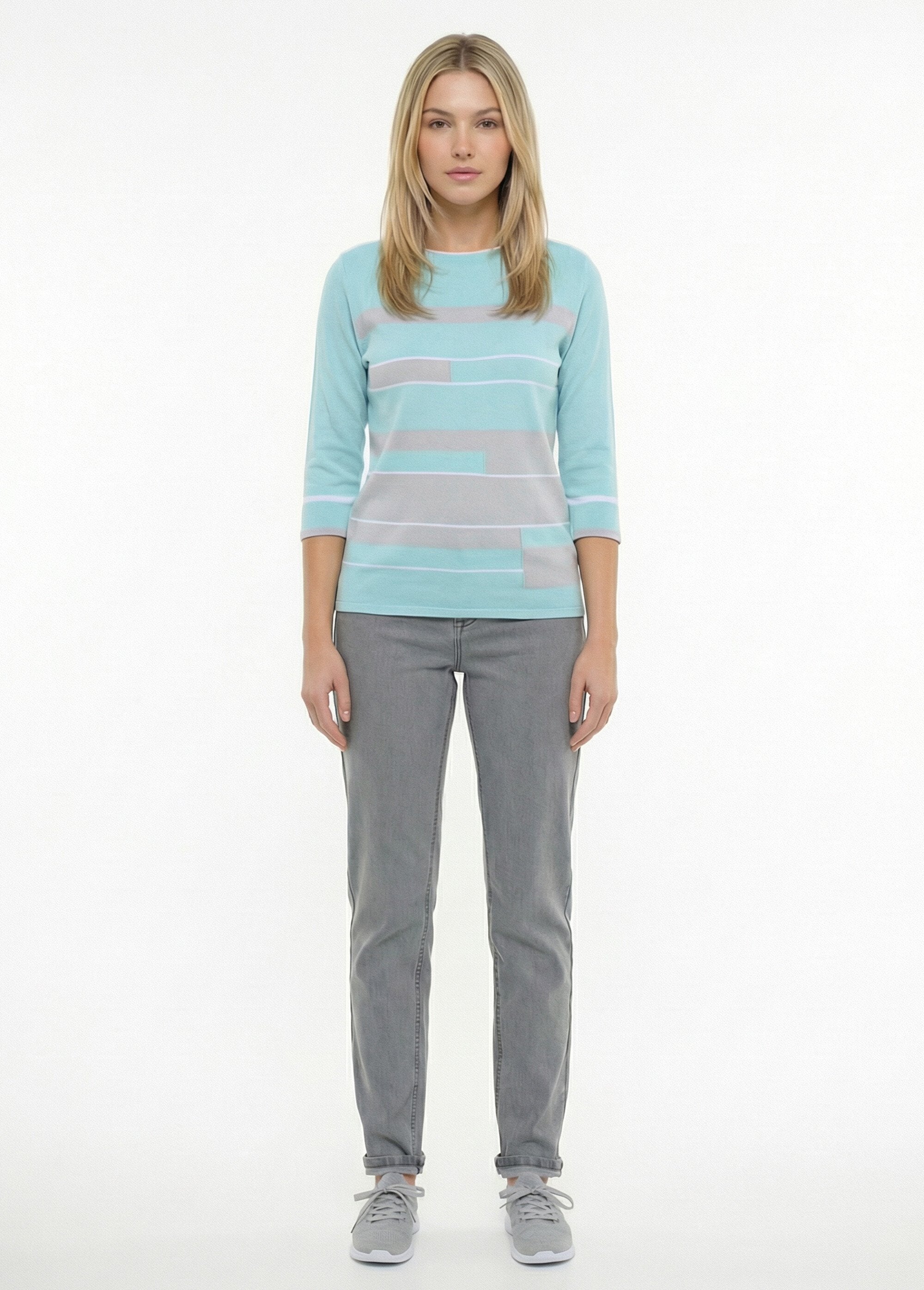 Trui_met_3/4_mouwen_en_jacquard_boothals,_gestreepte_voorkant_Aqua_et_gris_SF1_slim