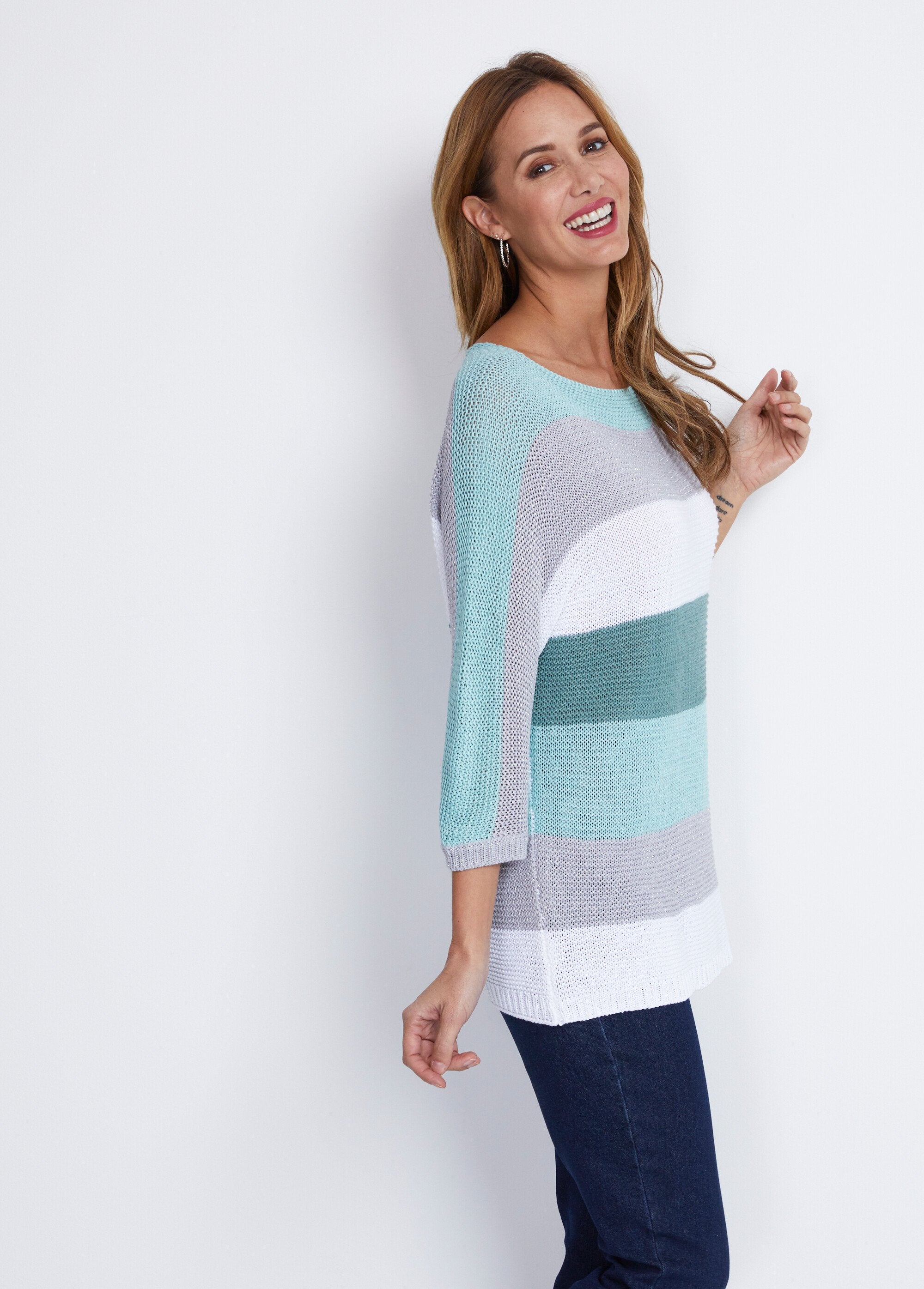 Pull_rayé_manches_3/4_point_mousse_Aqua_et_gris_DR1_slim