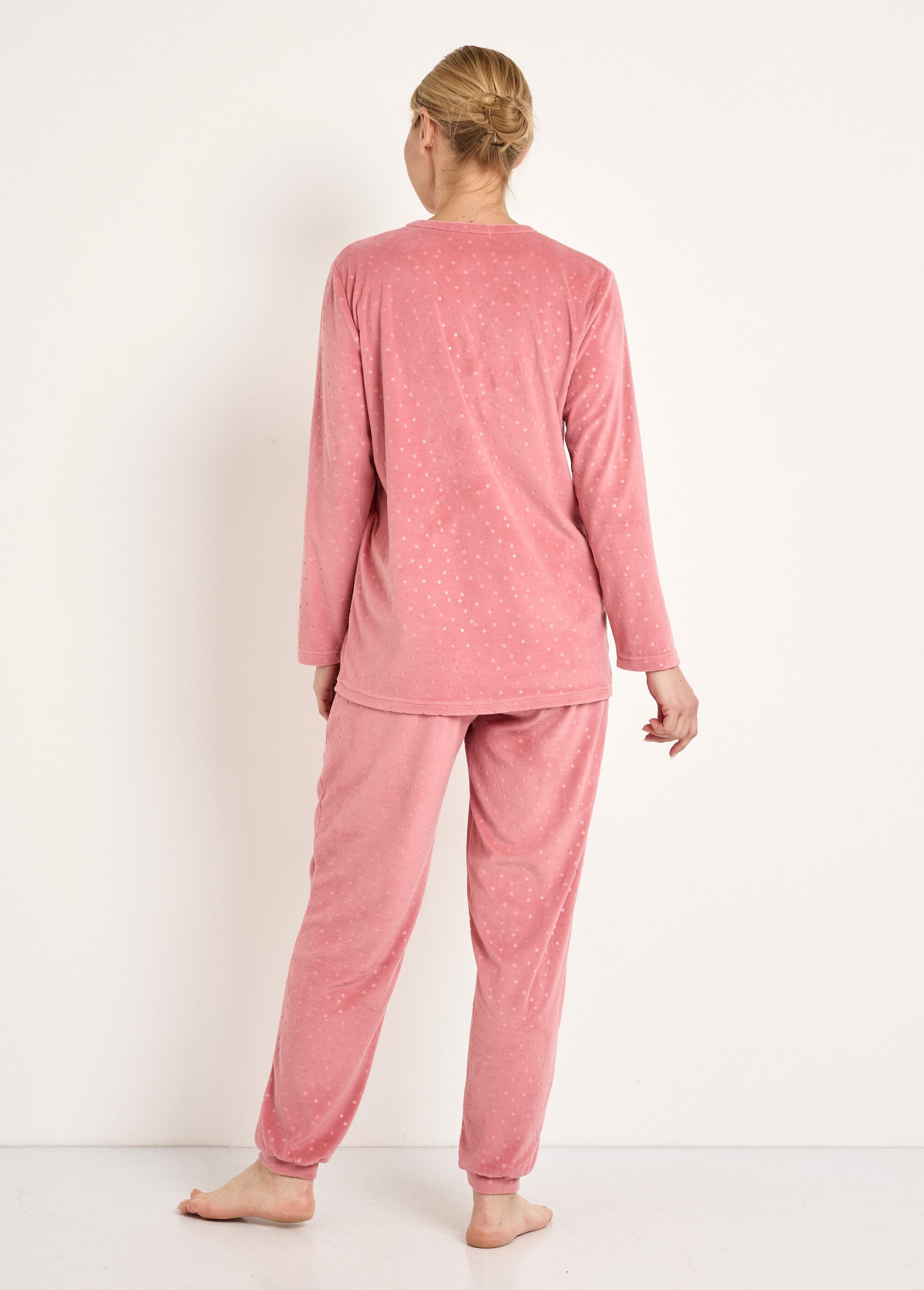 Pyjamabroek_ronde_hals_fluweel_reliëf_stippen_Rose_DO1_slim