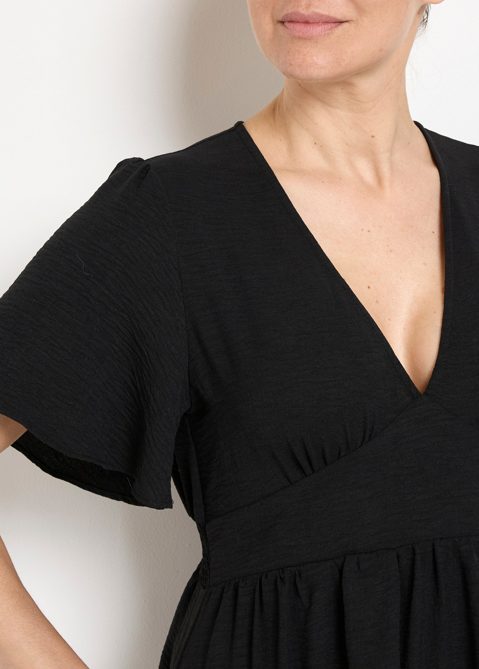 Korte_jurk_met_V-hals_en_empire_taille_Noir_DE1_slim