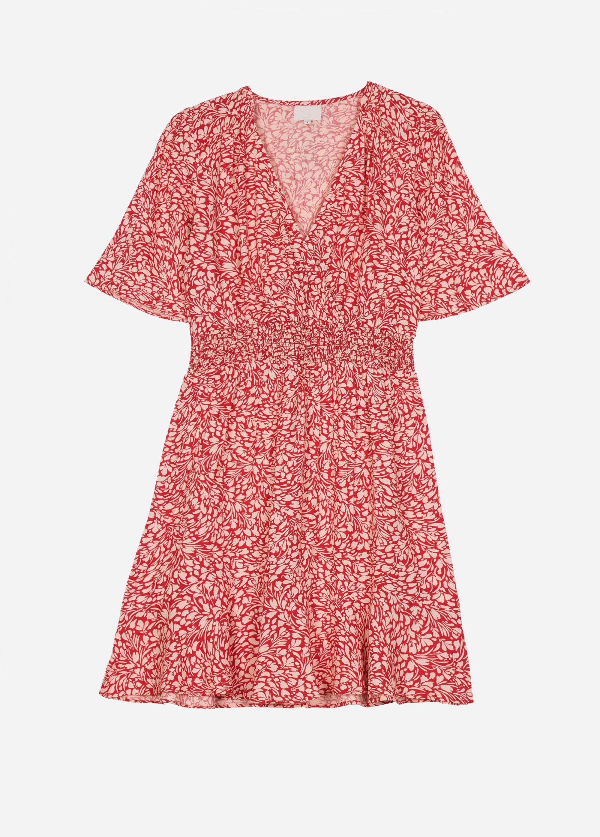 Korte_jurk_met_print_en_elastische_taille_Rode_afdrukken_AP1_slim