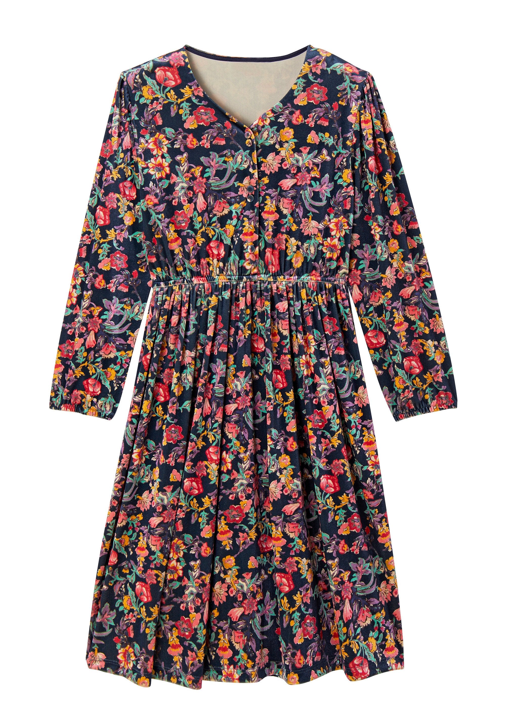 Korte_uitlopende_jurk_met_bloemenfluweel_en_V-hals_Marine_et_rose_AP1_slim