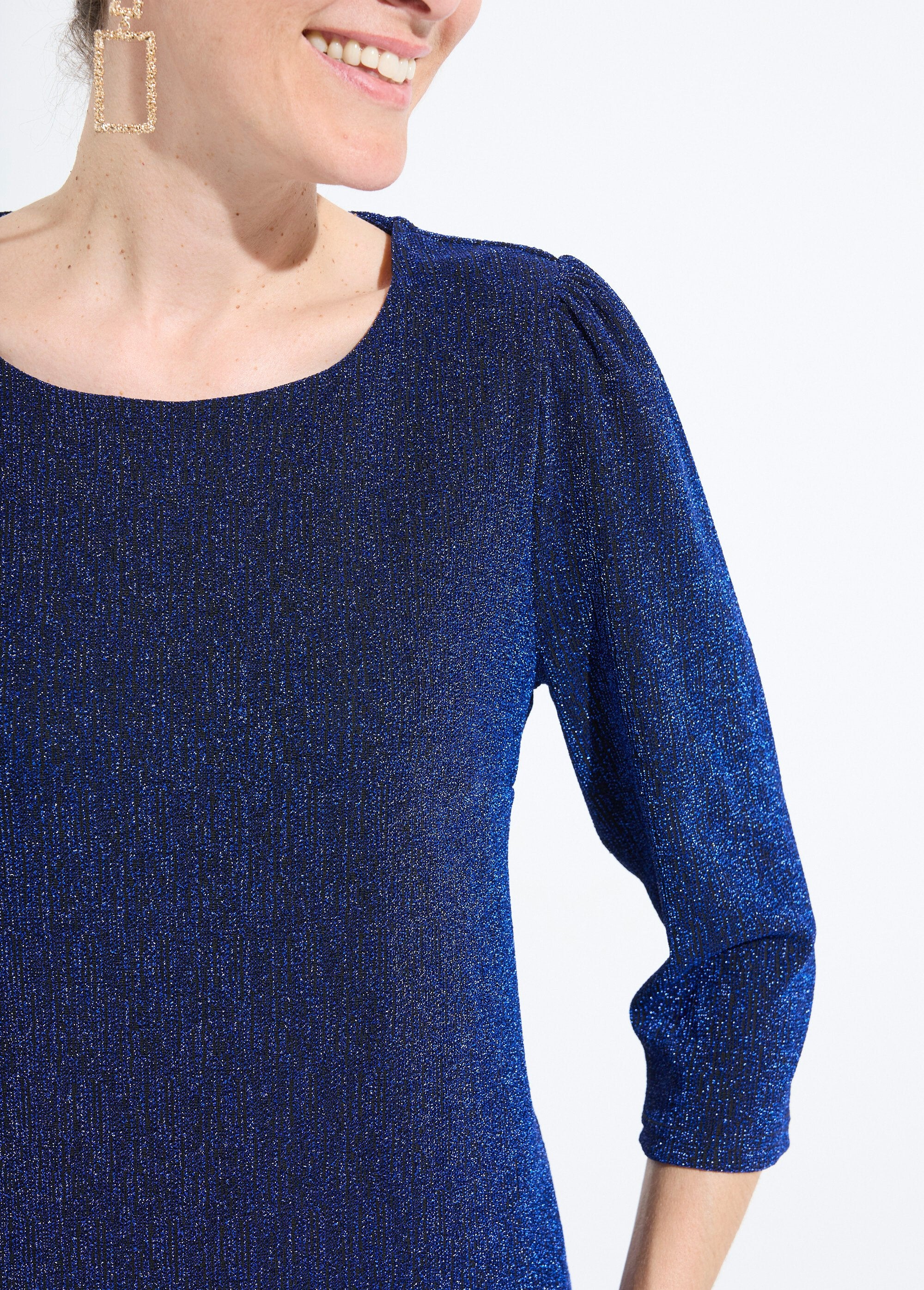 Korte_rechte_jurk_van_glanzend_metallic_mesh_Bleu_DE1_slim