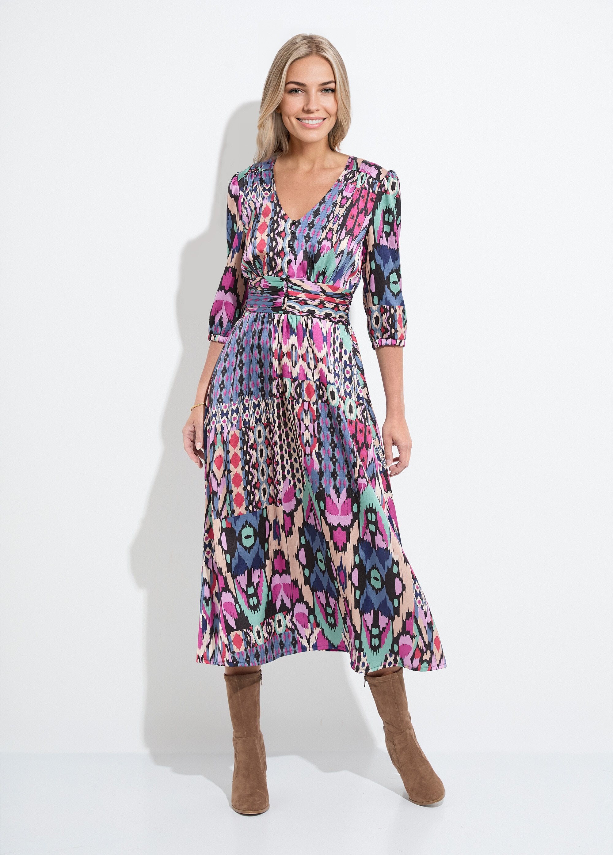 3/4-mouwen_etnische_print_satijnen_maxi_jurk_Multicolore_FA1_slim