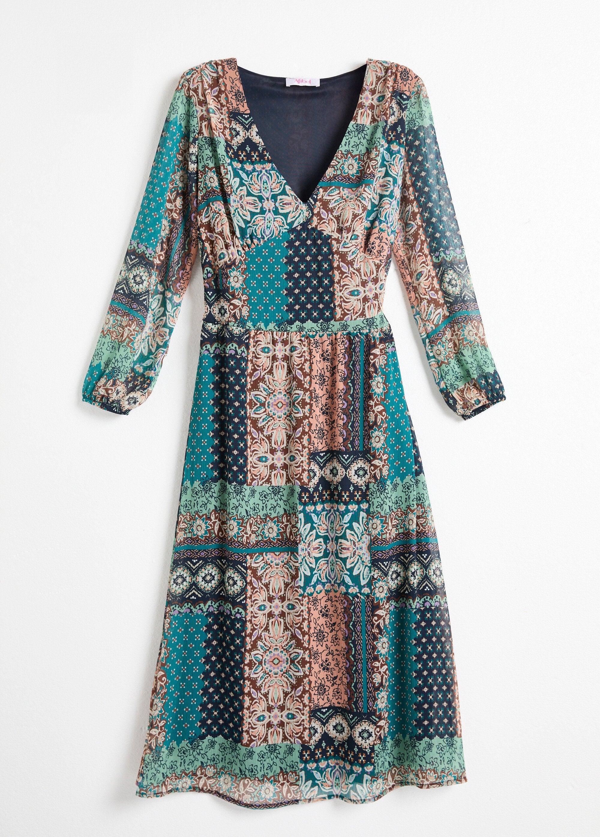 Lange_jurk_van_crêpe_voile_met_patchworkprint_Vert_et_ecru_AP1_slim