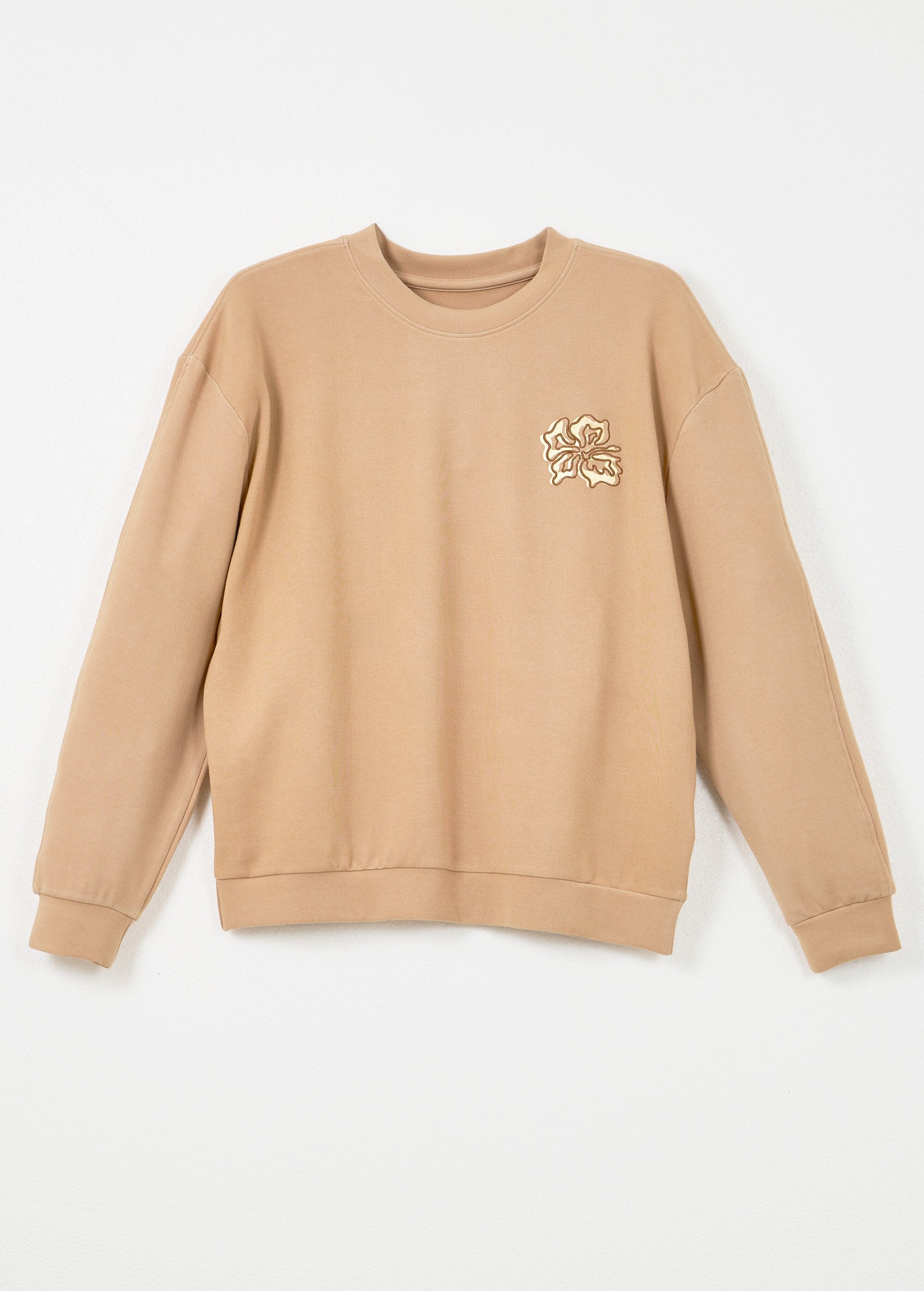 Volume_box_sweatshirt_geborduurd_fleece_glanzend_detail_Noisette_AP1_slim