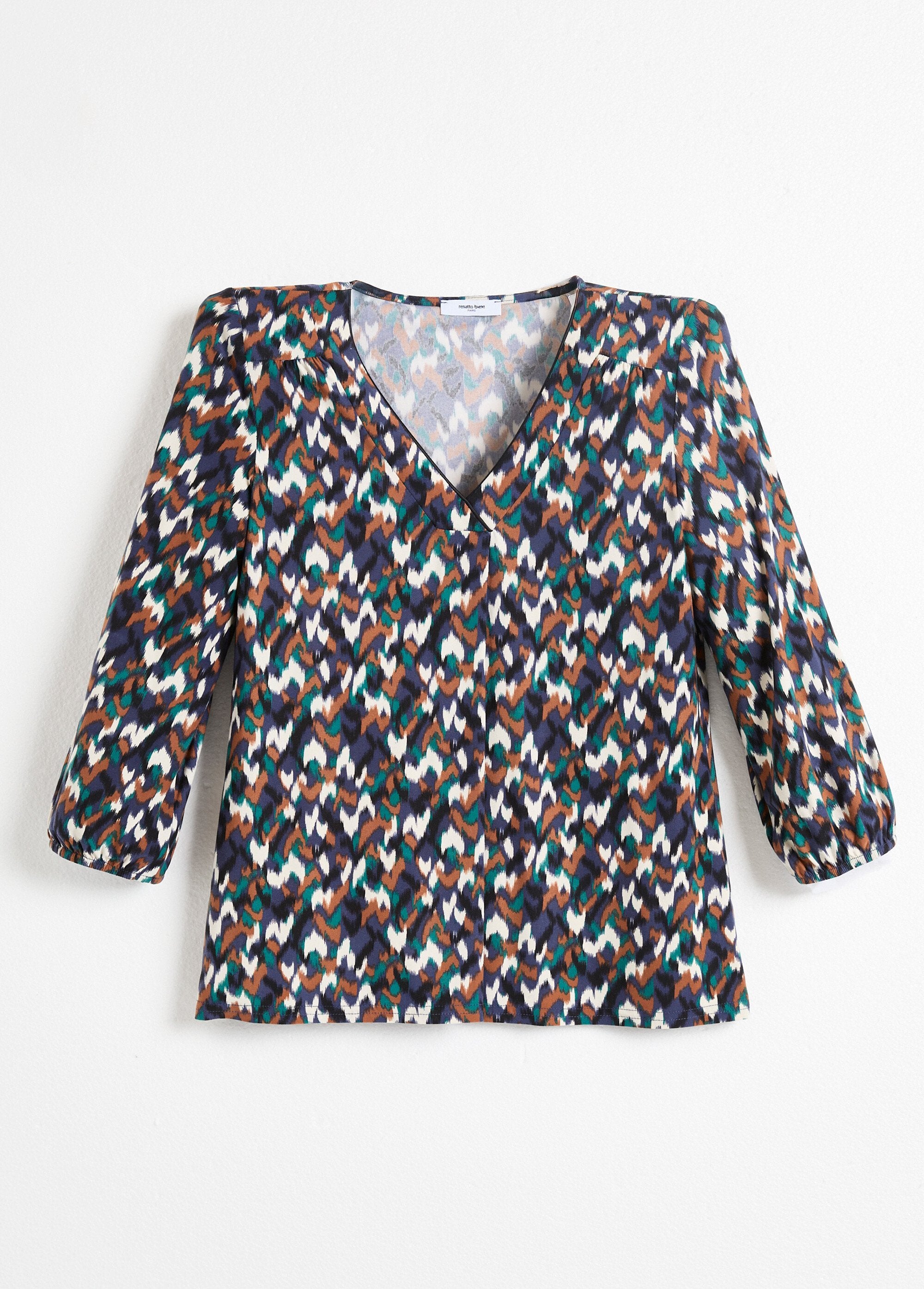 Losjes_vallend_T-shirt_met_V-hals,_3/4_mouwen_en_grafische_print_Marine_et_vert_AP1_slim