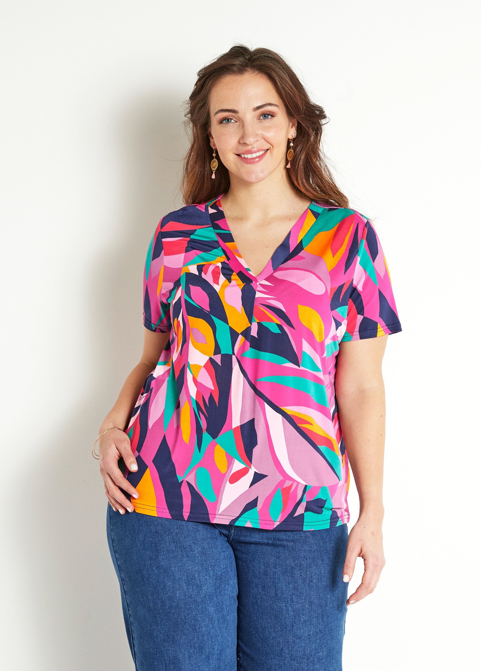 Losjes_v-hals_T-shirt_met_korte_mouwen_Multicolore_FA1_curvy