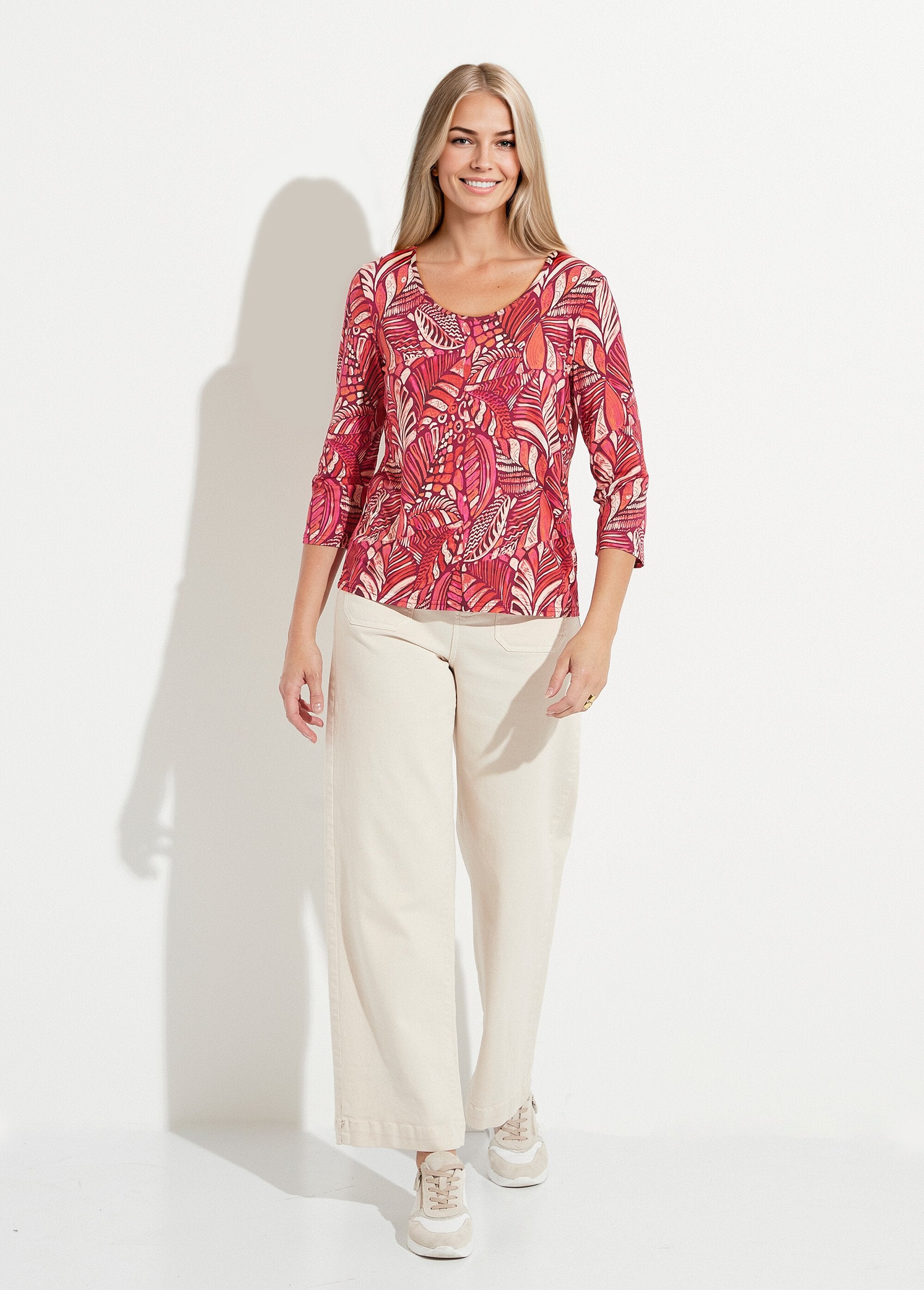 T-shirt_met_patchworkprint_en_ronde_hals_Rose_et_orange_SF1_slim