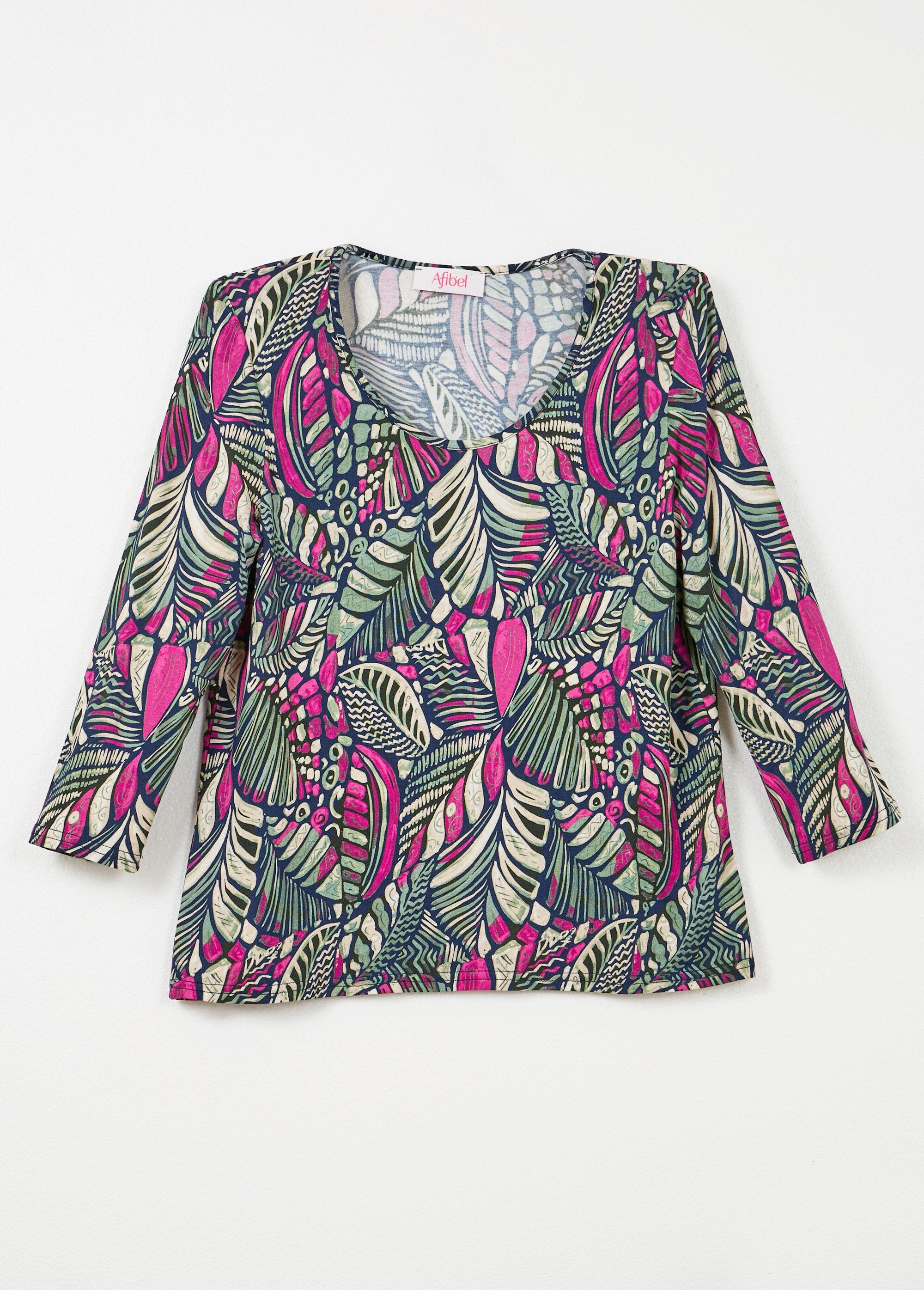 T-shirt_met_patchworkprint_en_ronde_hals_Rose_et_vert_AP1_slim