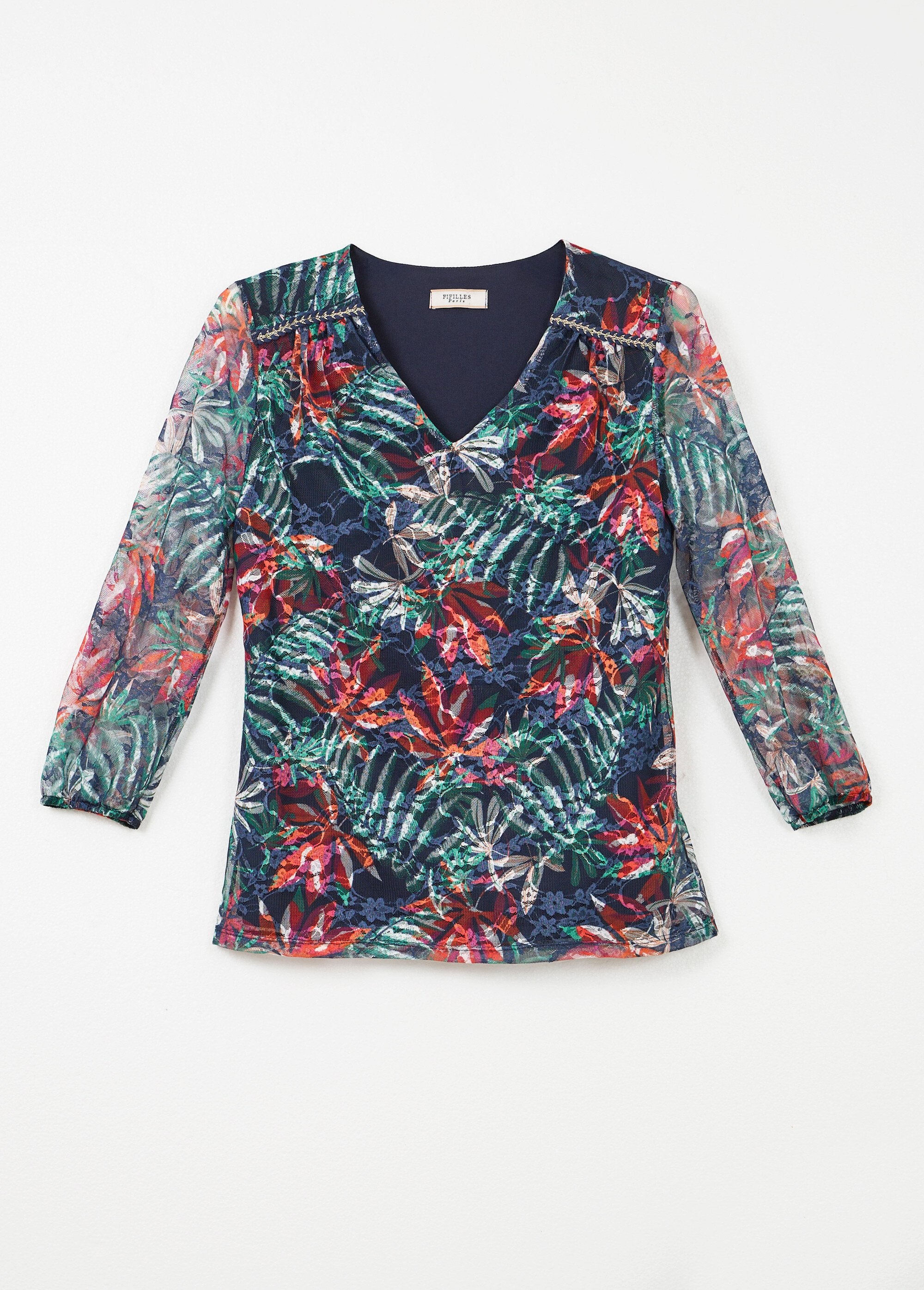 T-shirt_met_bedrukte_kanten_V-hals_Marine_et_orange_AP1_slim