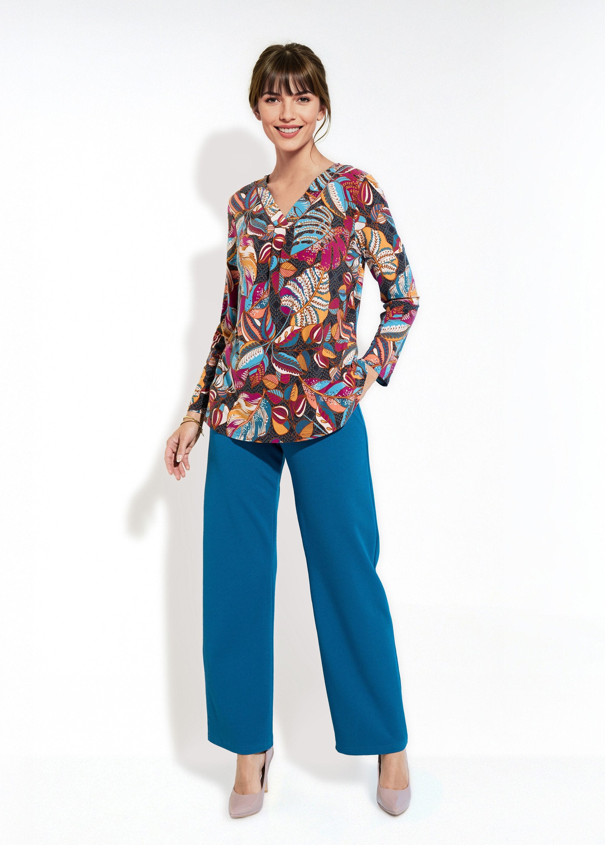 Bedrukt_T-shirt_met_lange_mouwen_en_V-hals_Groseille_et_bleu_SF1_slim