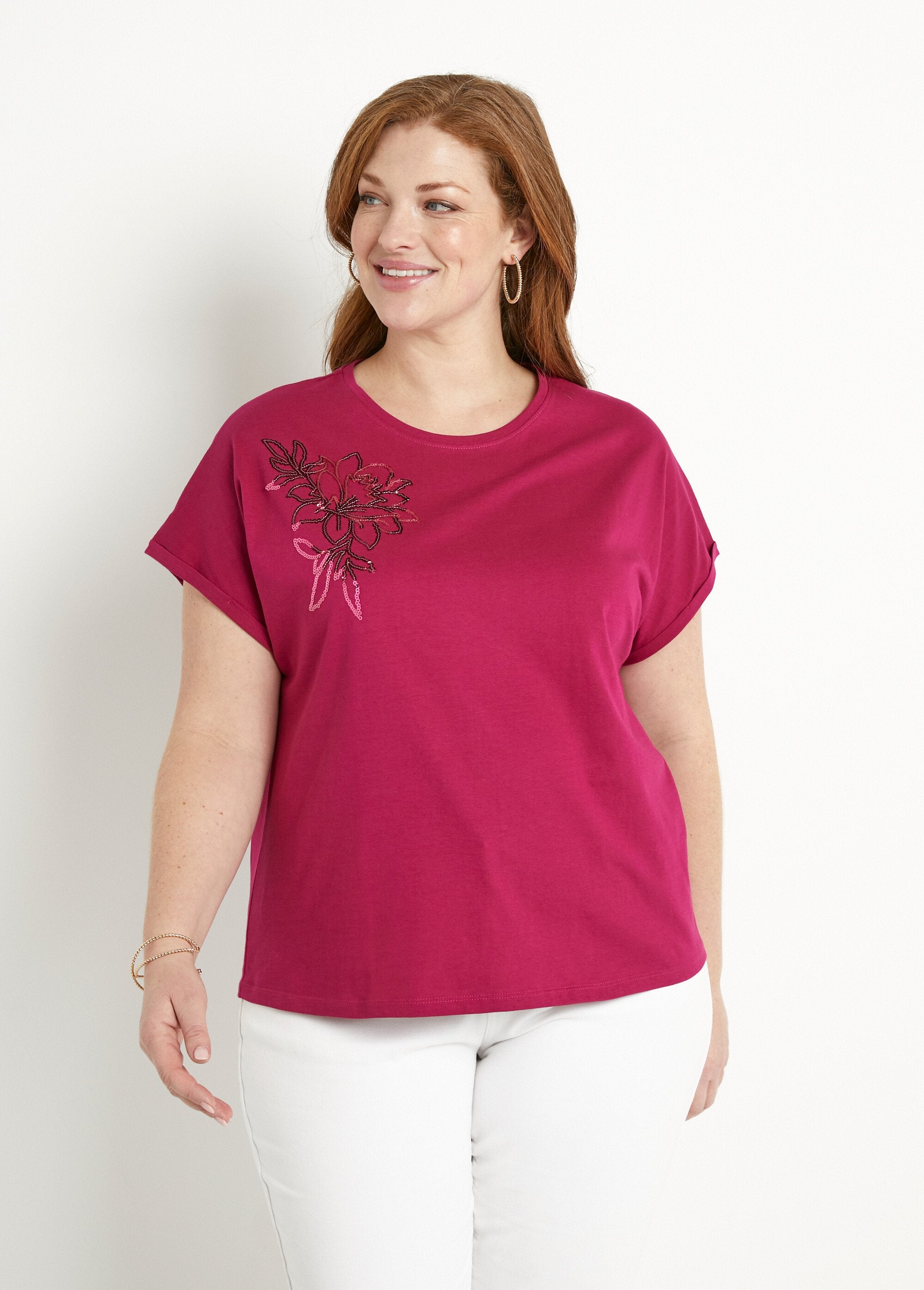 Effen_katoenen_T-shirt_met_pailletten,_korte_mouwen_Cassis_FA1_curvy