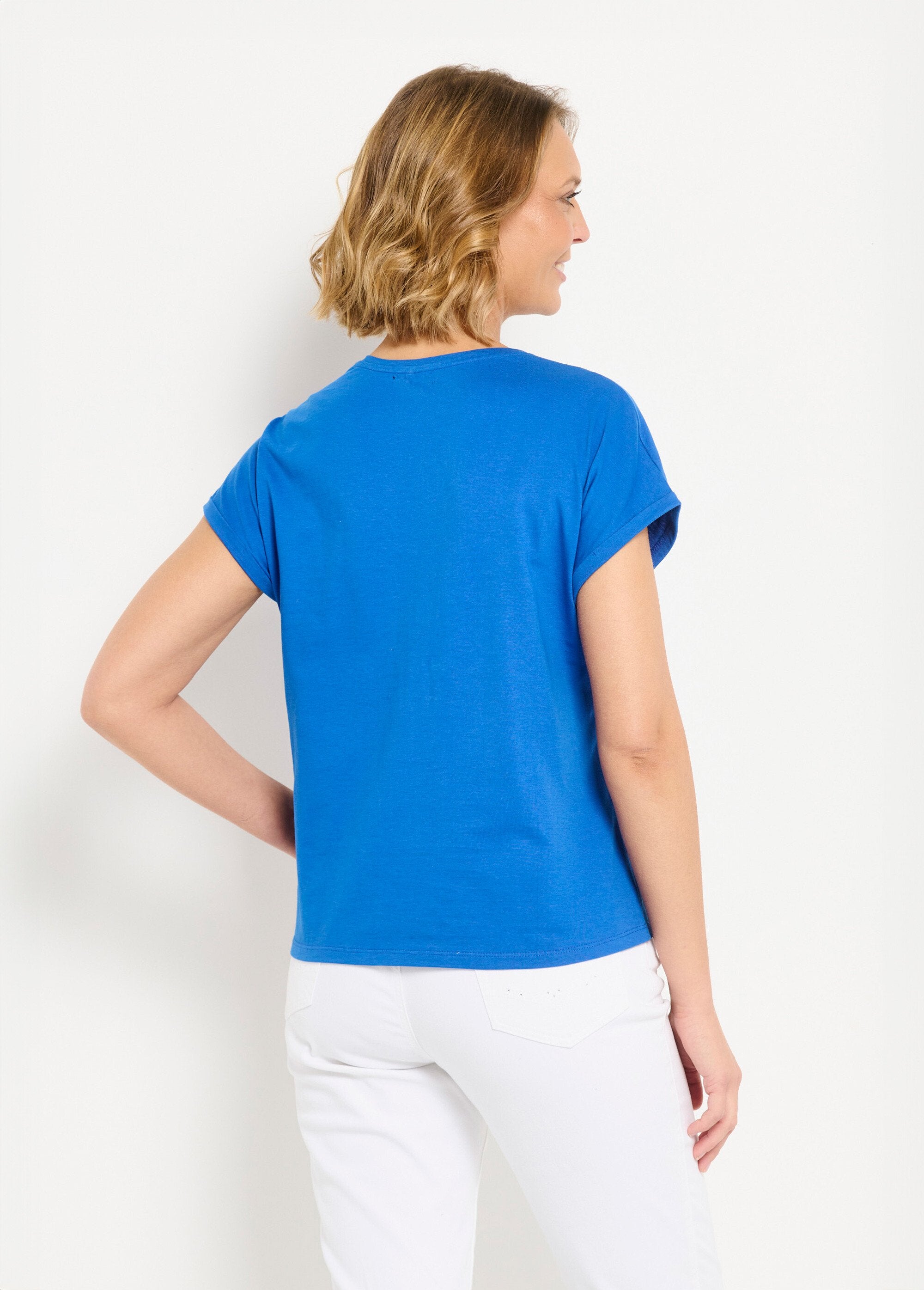 Effen_katoenen_T-shirt_met_pailletten,_korte_mouwen_Bleu_dur_DO1_slim