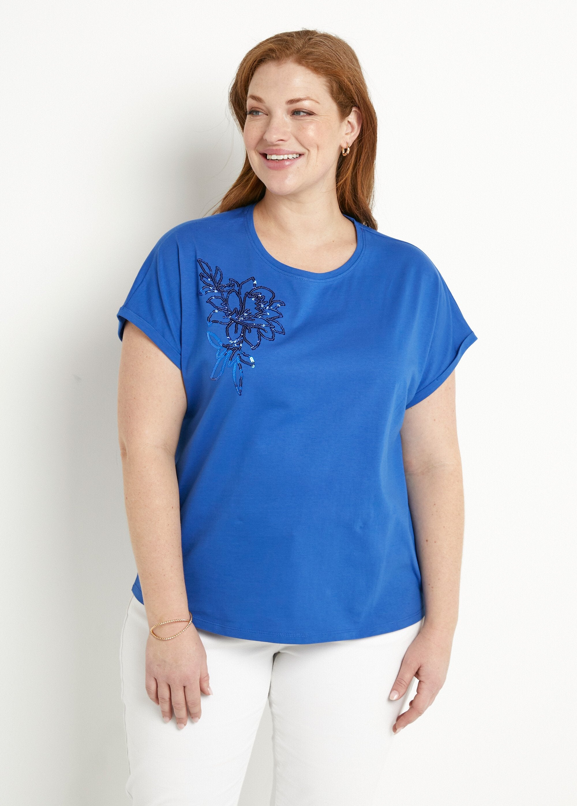 Effen_katoenen_T-shirt_met_pailletten,_korte_mouwen_Bleu_dur_FA1_curvy