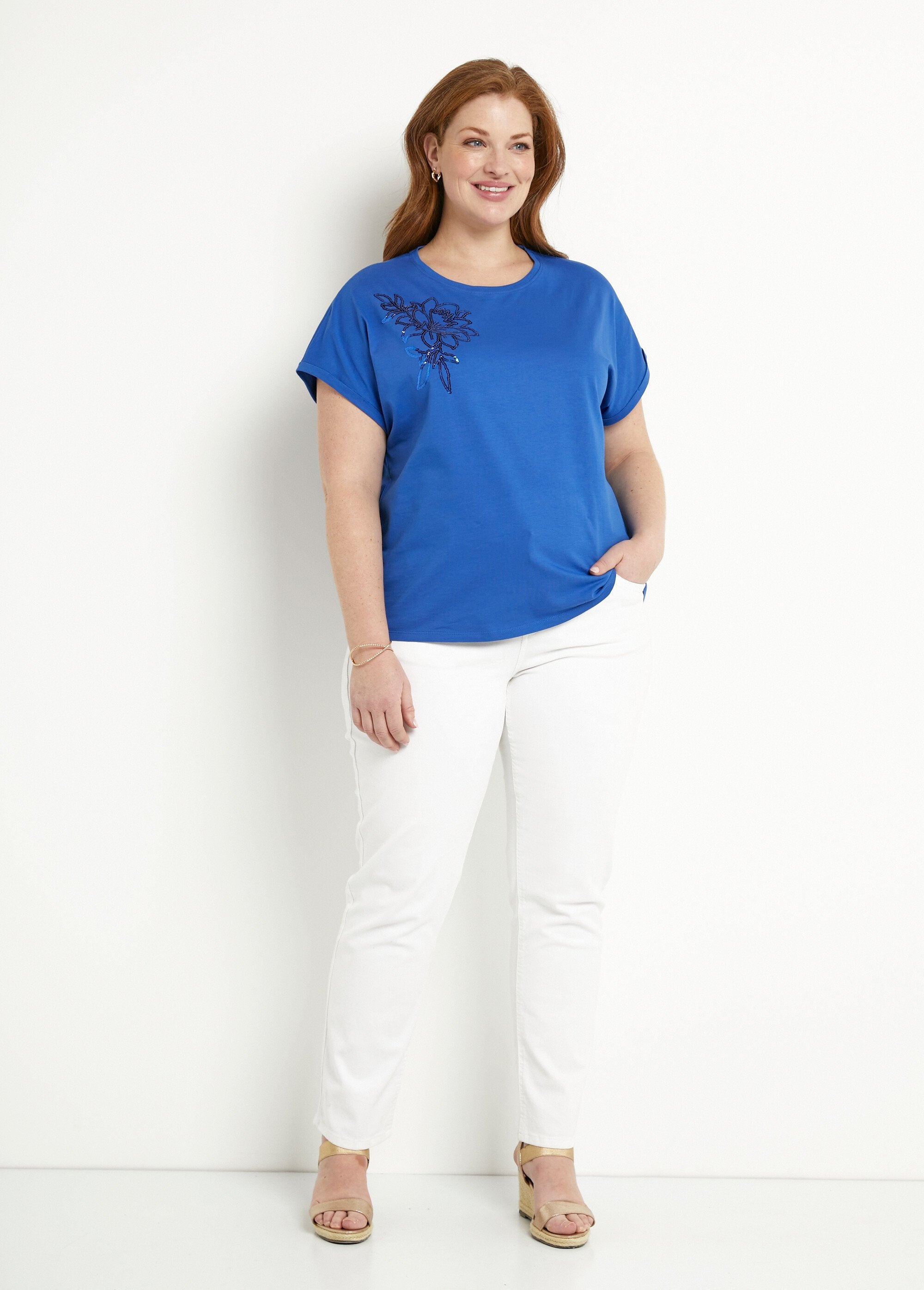 Effen_katoenen_T-shirt_met_pailletten,_korte_mouwen_Bleu_dur_SF1_curvy