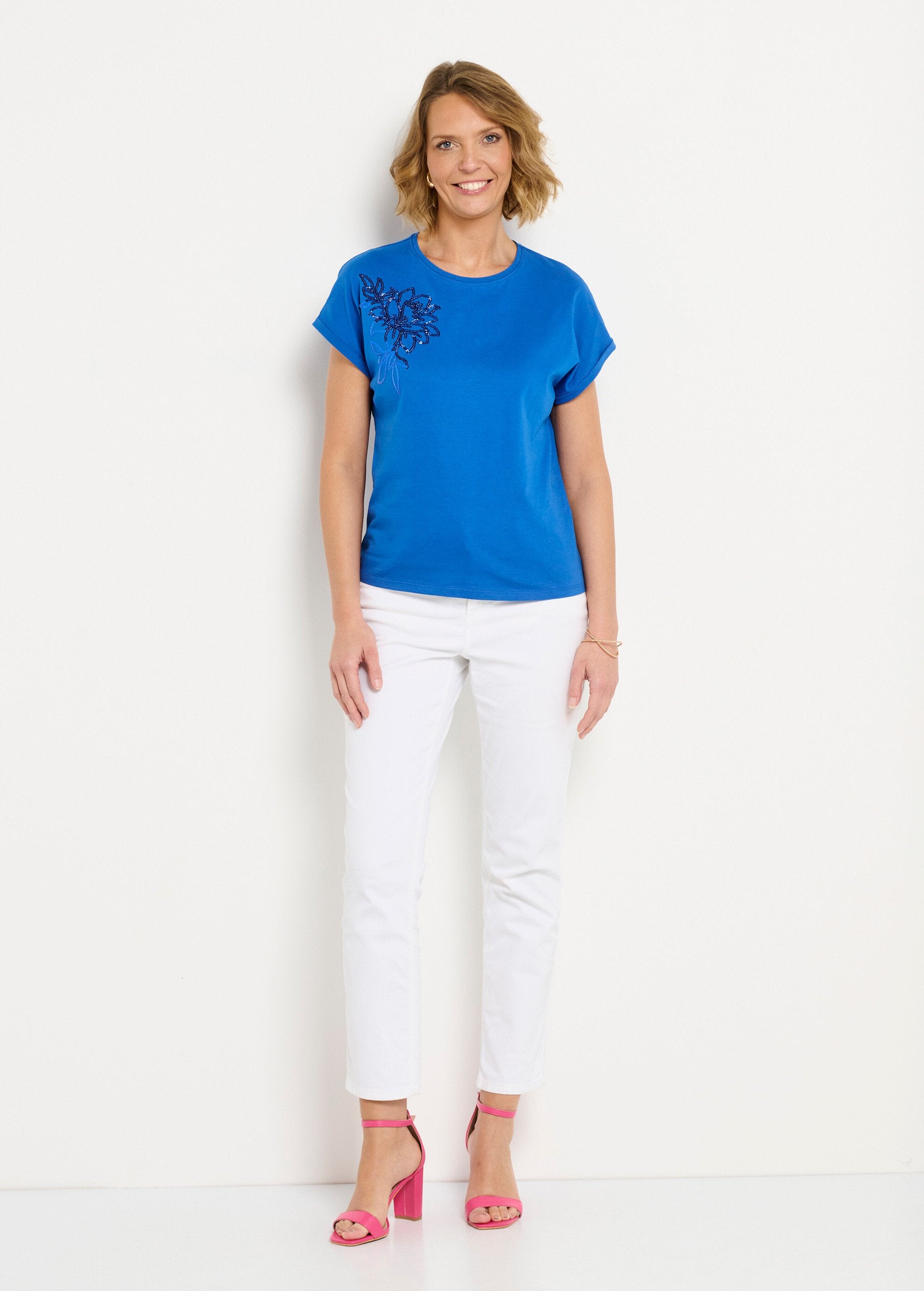 Effen_katoenen_T-shirt_met_pailletten,_korte_mouwen_Bleu_dur_SF1_slim