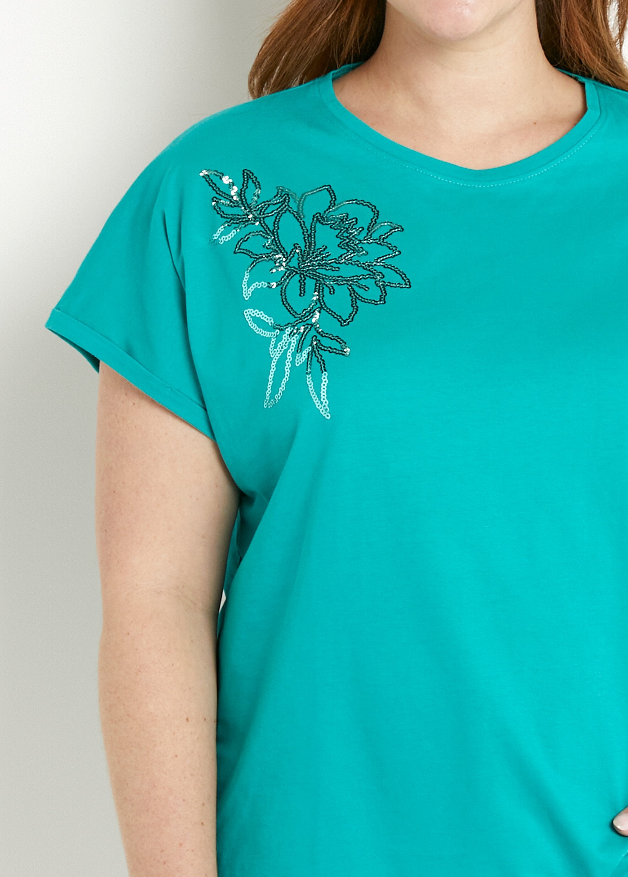 Effen_katoenen_T-shirt_met_pailletten,_korte_mouwen_Turquoise_DE1_curvy