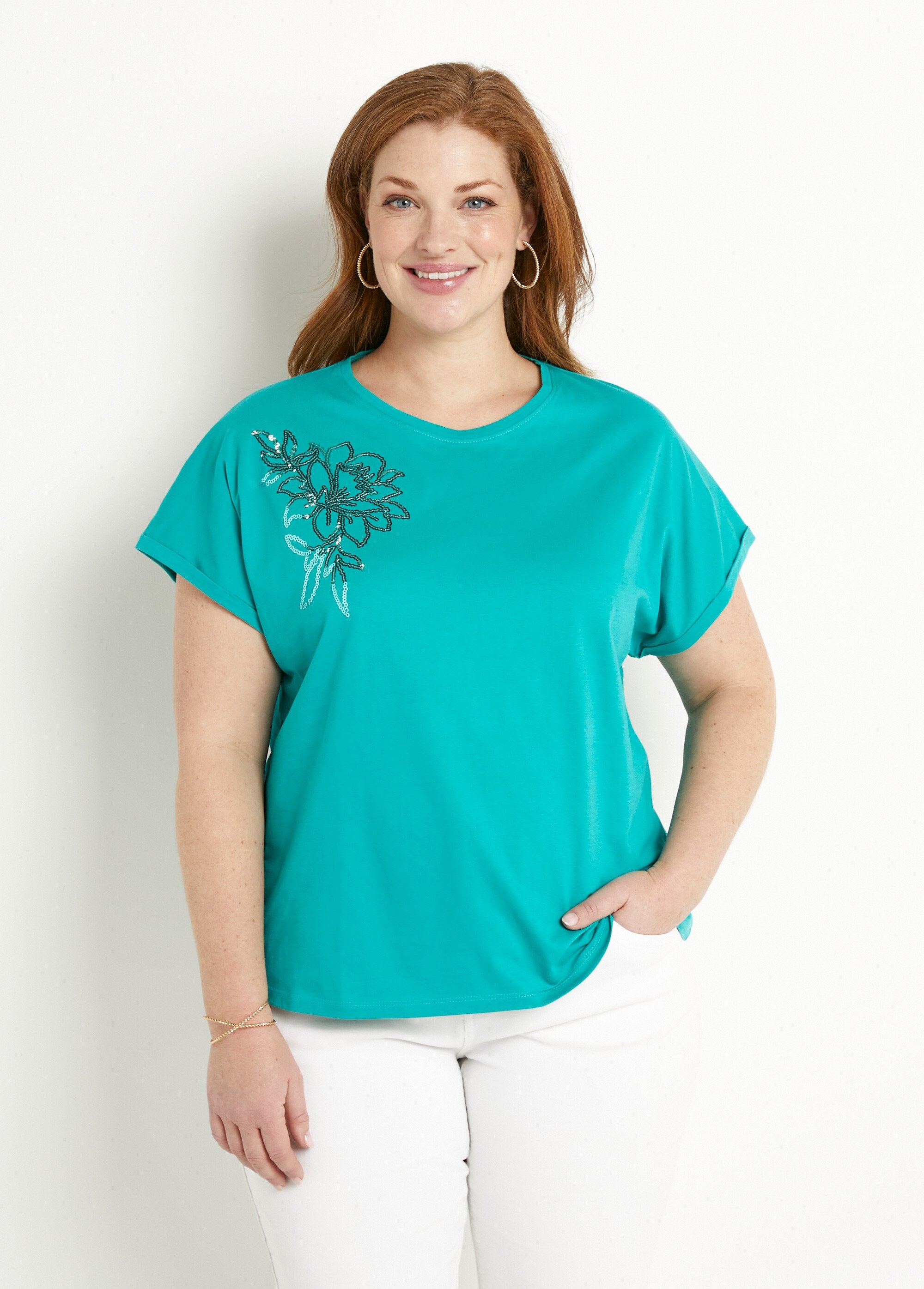 Effen_katoenen_T-shirt_met_pailletten,_korte_mouwen_Turquoise_FA1_curvy
