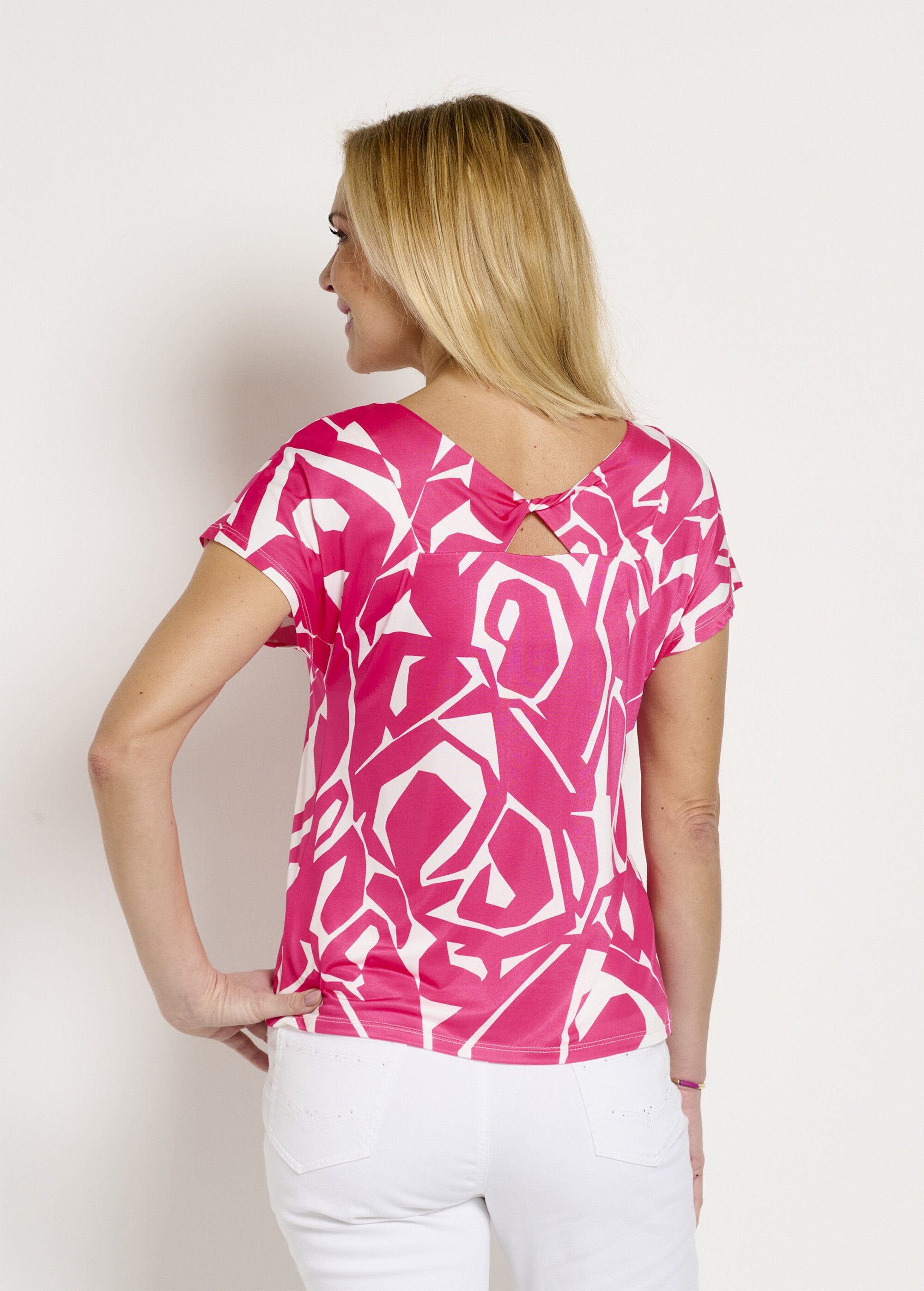 Grafisch_T-shirt_met_V-hals_Fuchsia_et_blanc_DO1_slim