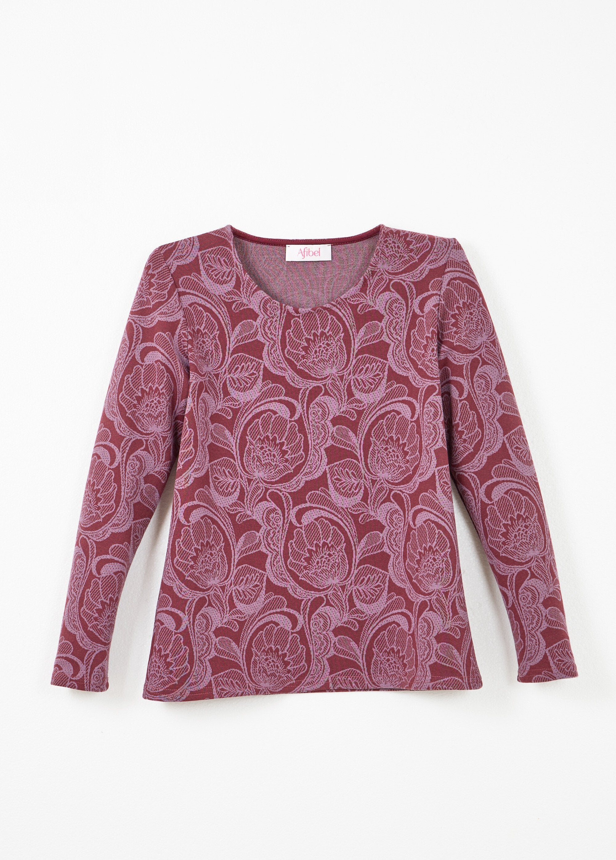 Gebloemd_jacquard_T-shirt_met_ronde_hals_Bordeaux_et_rose_AP1_slim
