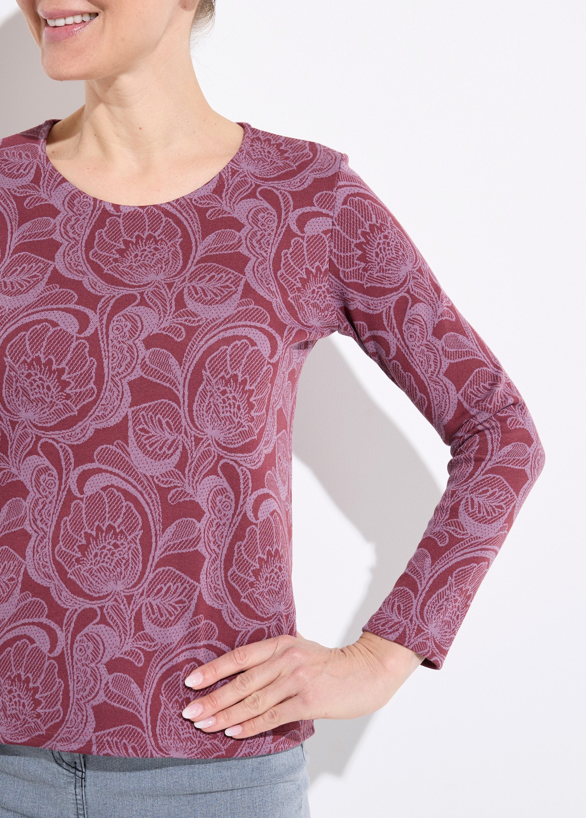 Gebloemd_jacquard_T-shirt_met_ronde_hals_Bordeaux_et_rose_DE1_slim