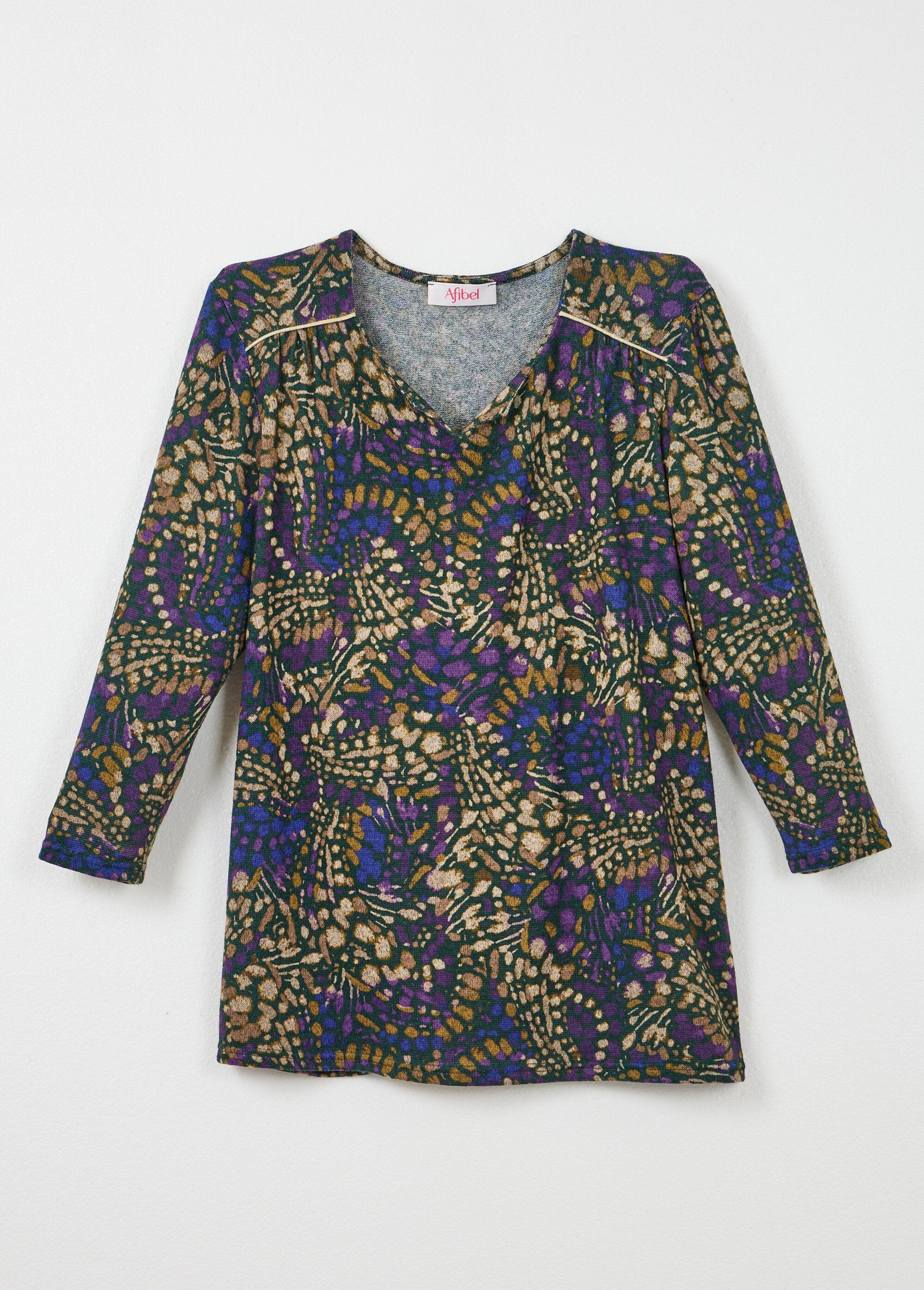 Lang_uitlopend_T-shirt,_3/4_mouwen,_tachistprint_Violet_et_beige_AP1_slim