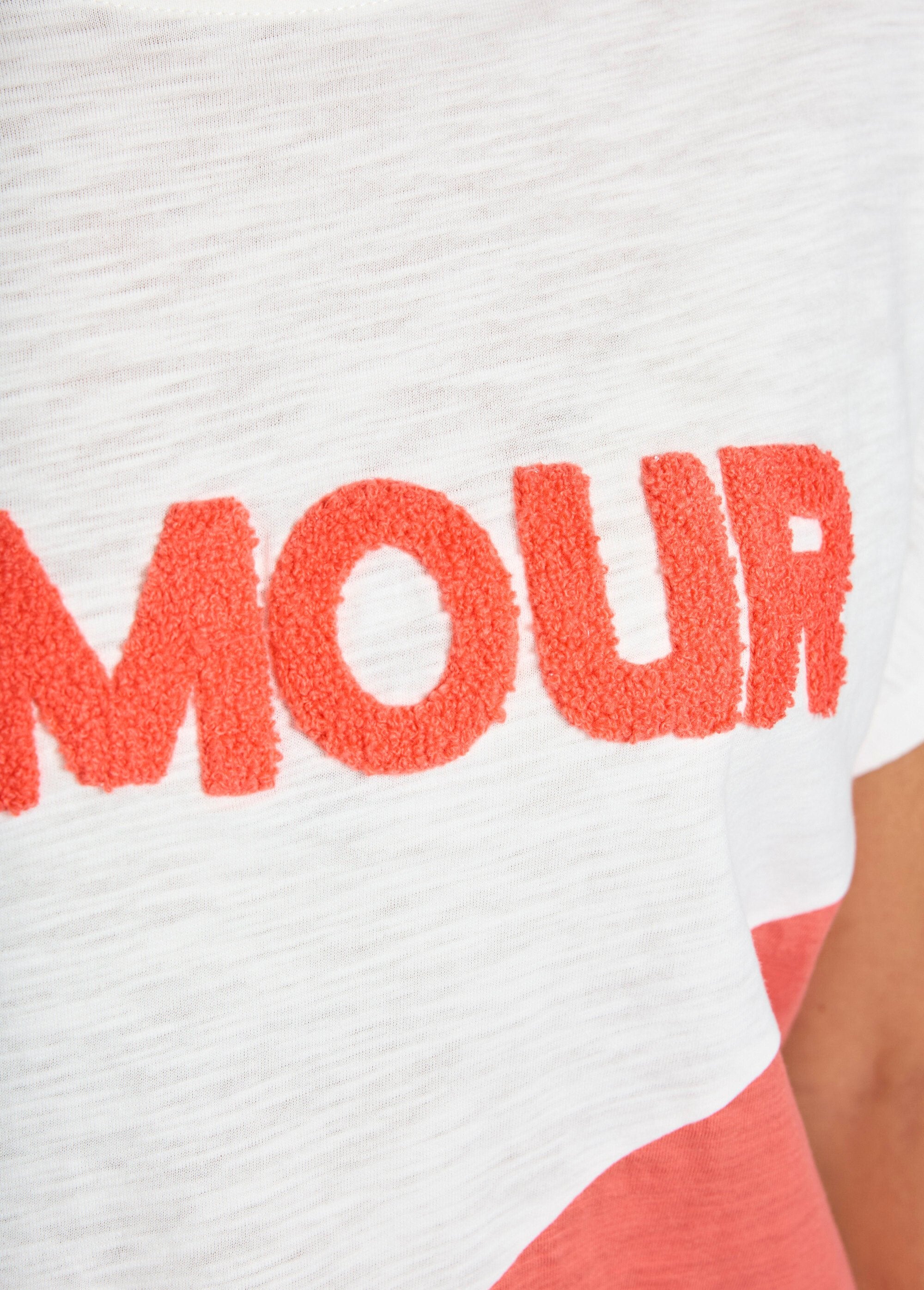Tweekleurig_gebreid_T-shirt_met_boodschap_Corail_et_blanc_DE3_slim