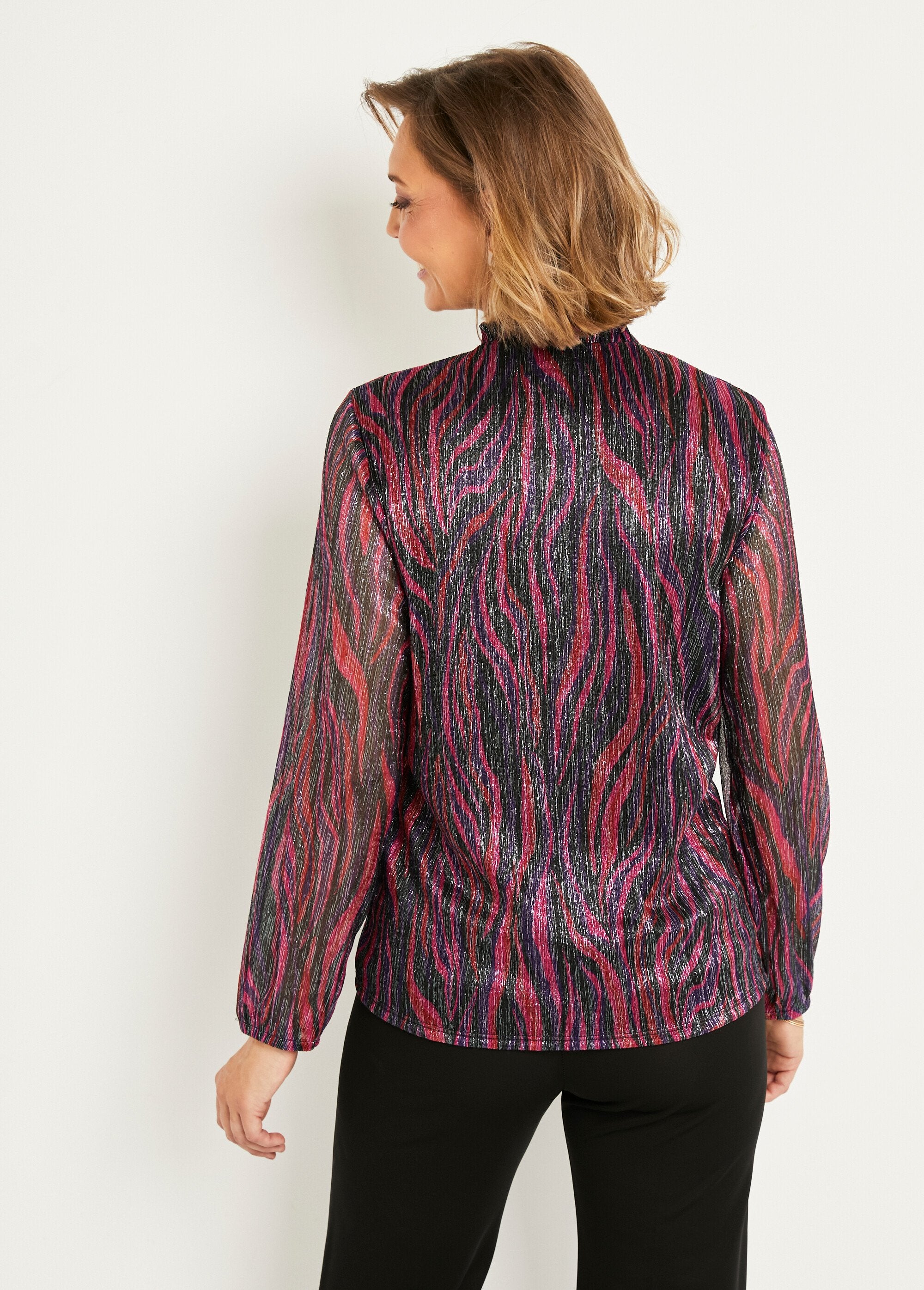 T-shirt_van_geplooid_mesh_met_grafische_print_Noir_et_rose_DO1_slim