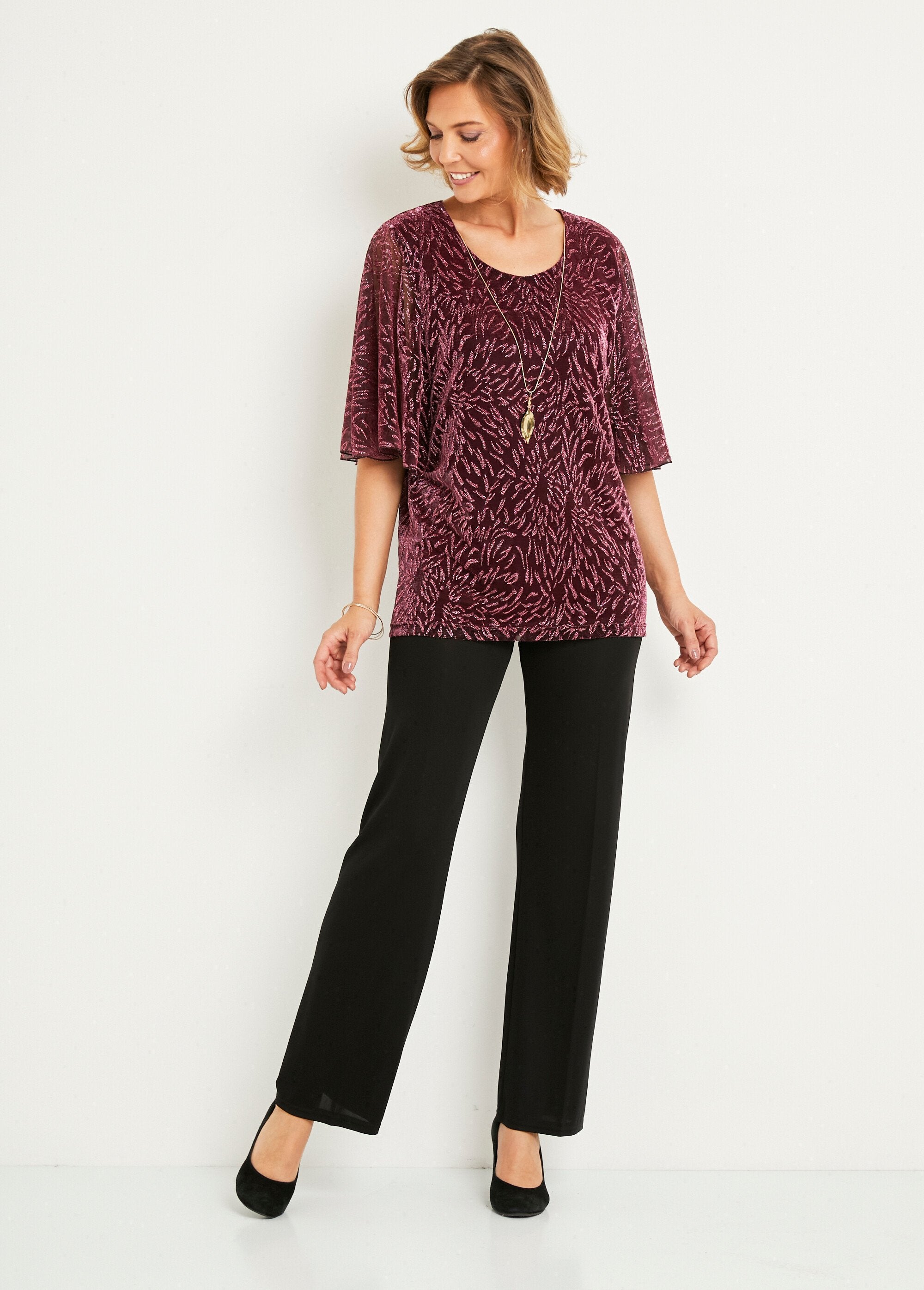 Lang_T-shirt_van_bedrukt_mesh_met_ronde_hals_Rose_SF1_slim