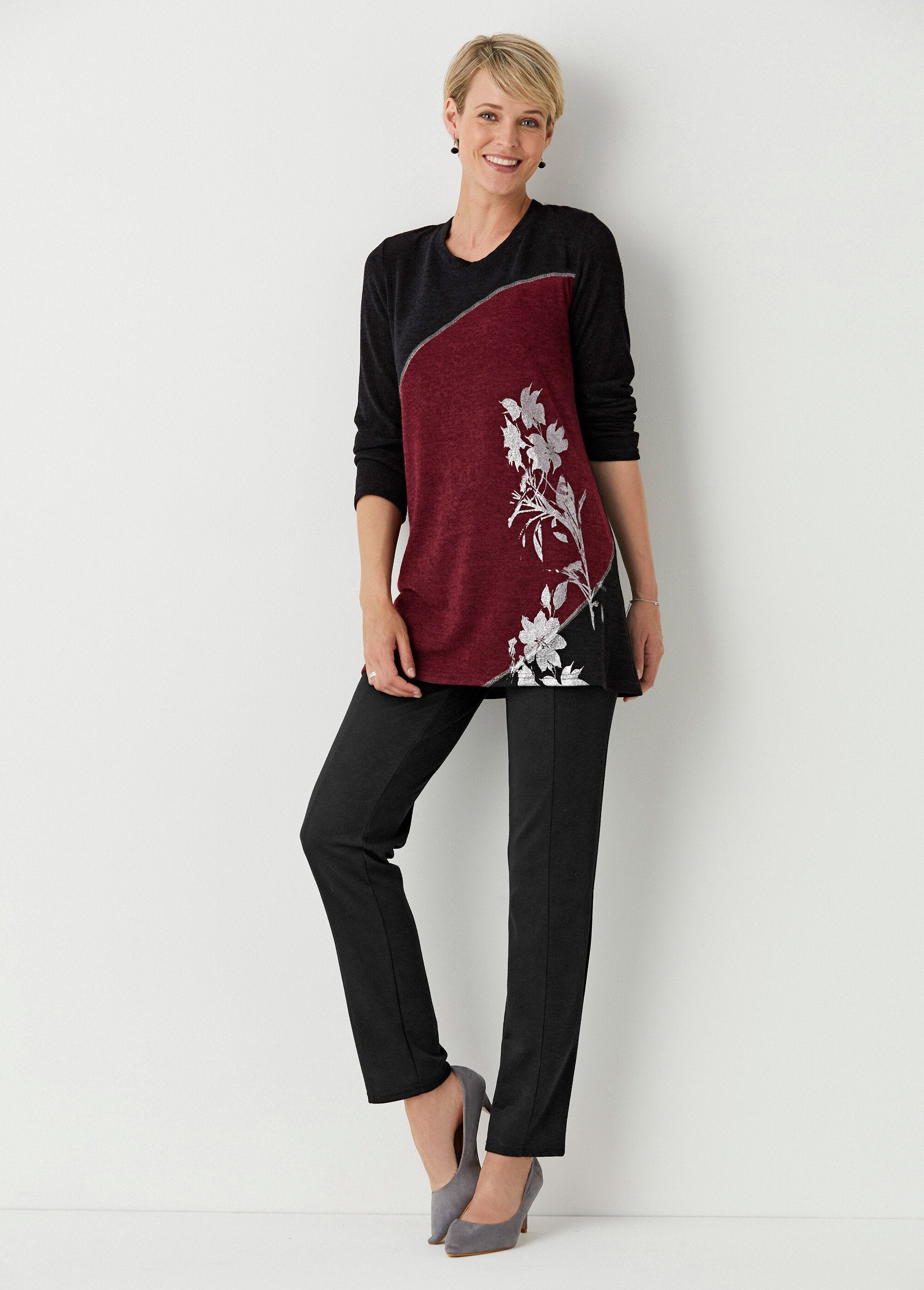 Lang_gebloemd_stretch_T-shirt_Noir_et_bordeaux_SF1_slim