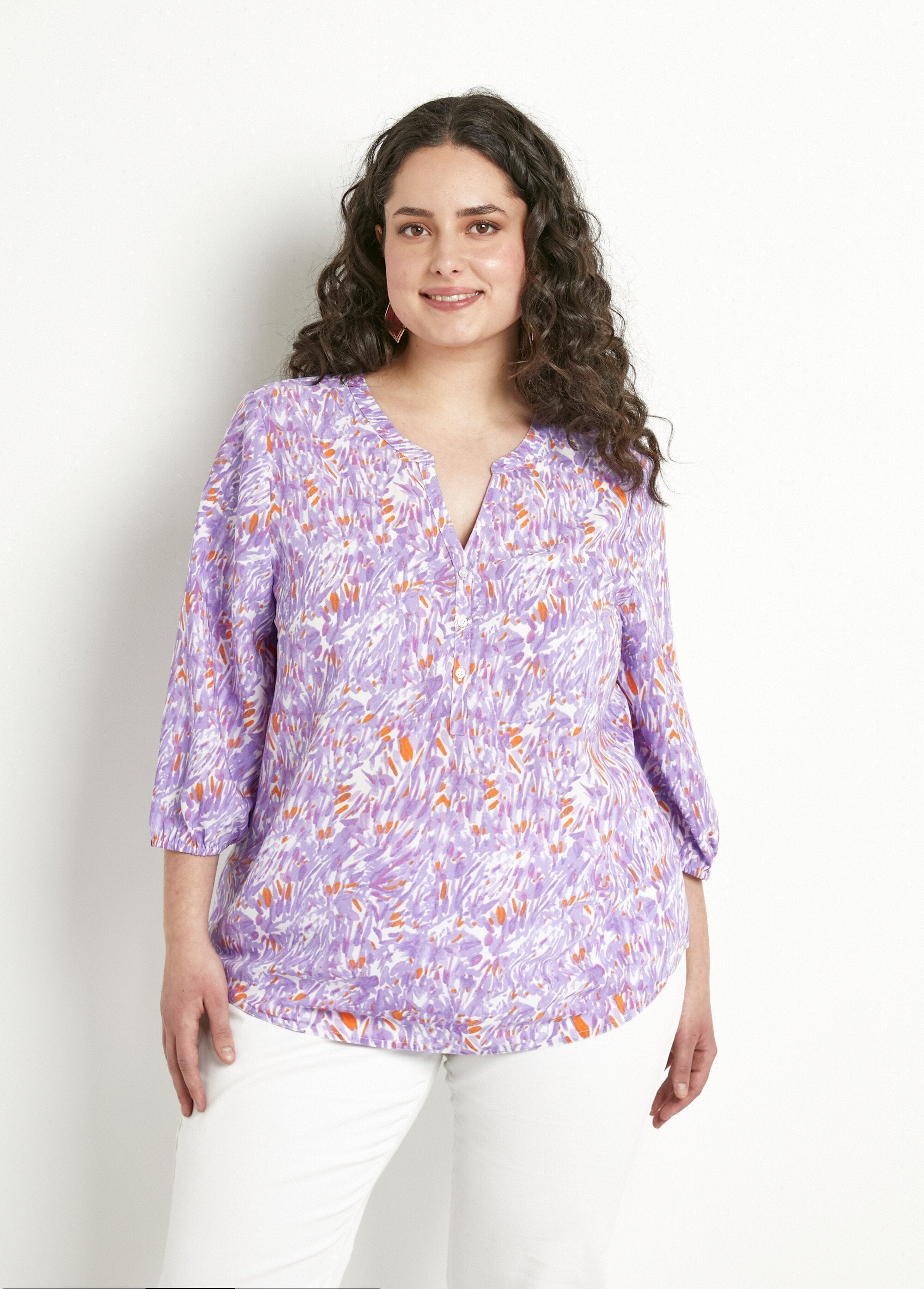 Lange_bedrukte_losvallende_tuniek_met_3/4_mouwen_Imprime_violet_FA1_curvy