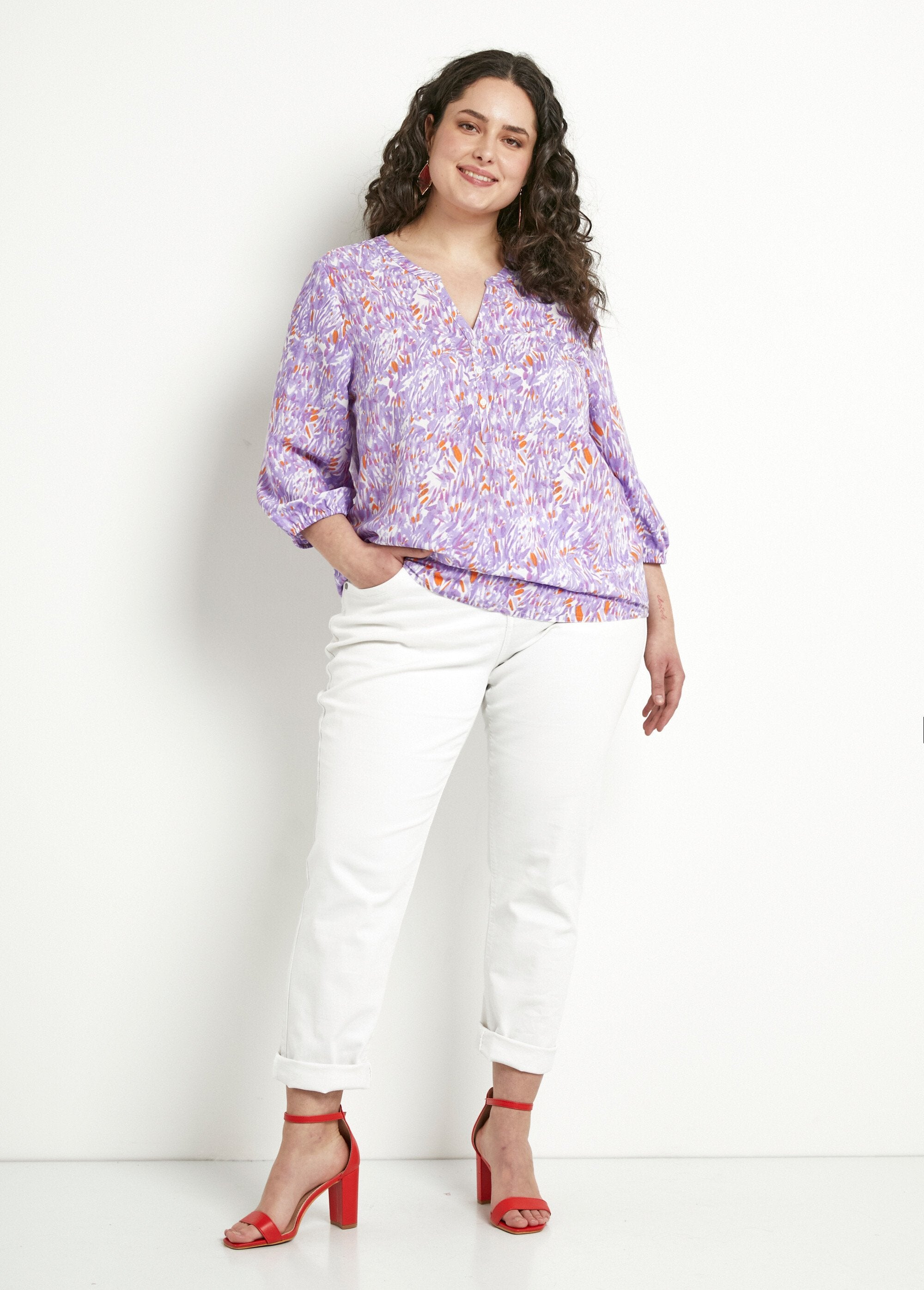Lange_bedrukte_losvallende_tuniek_met_3/4_mouwen_Imprime_violet_SF1_curvy