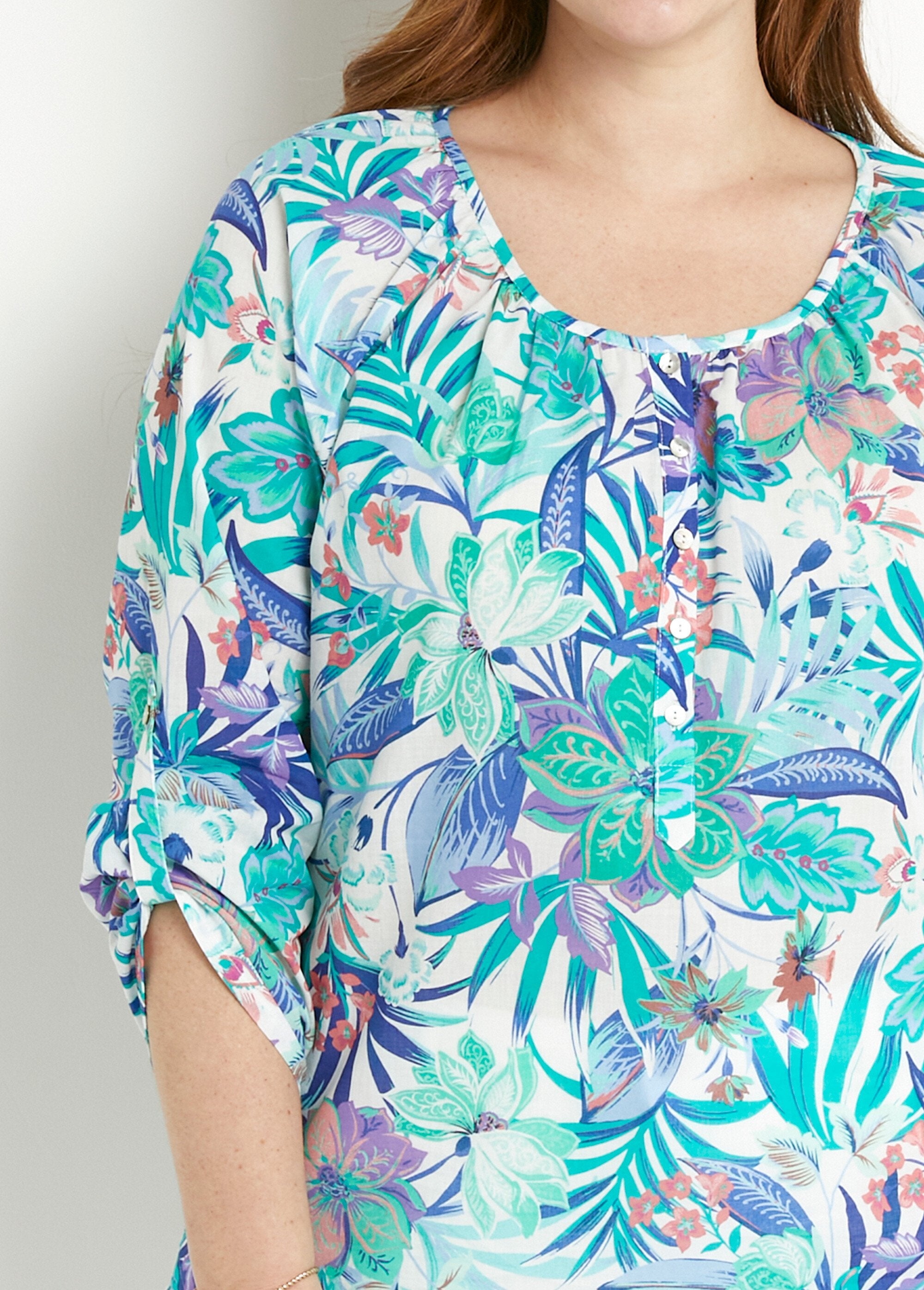 Losvallende_tuniek_van_bedrukte_katoenvoile,_3/4_mouwen_Multicolore_SF1_curvy