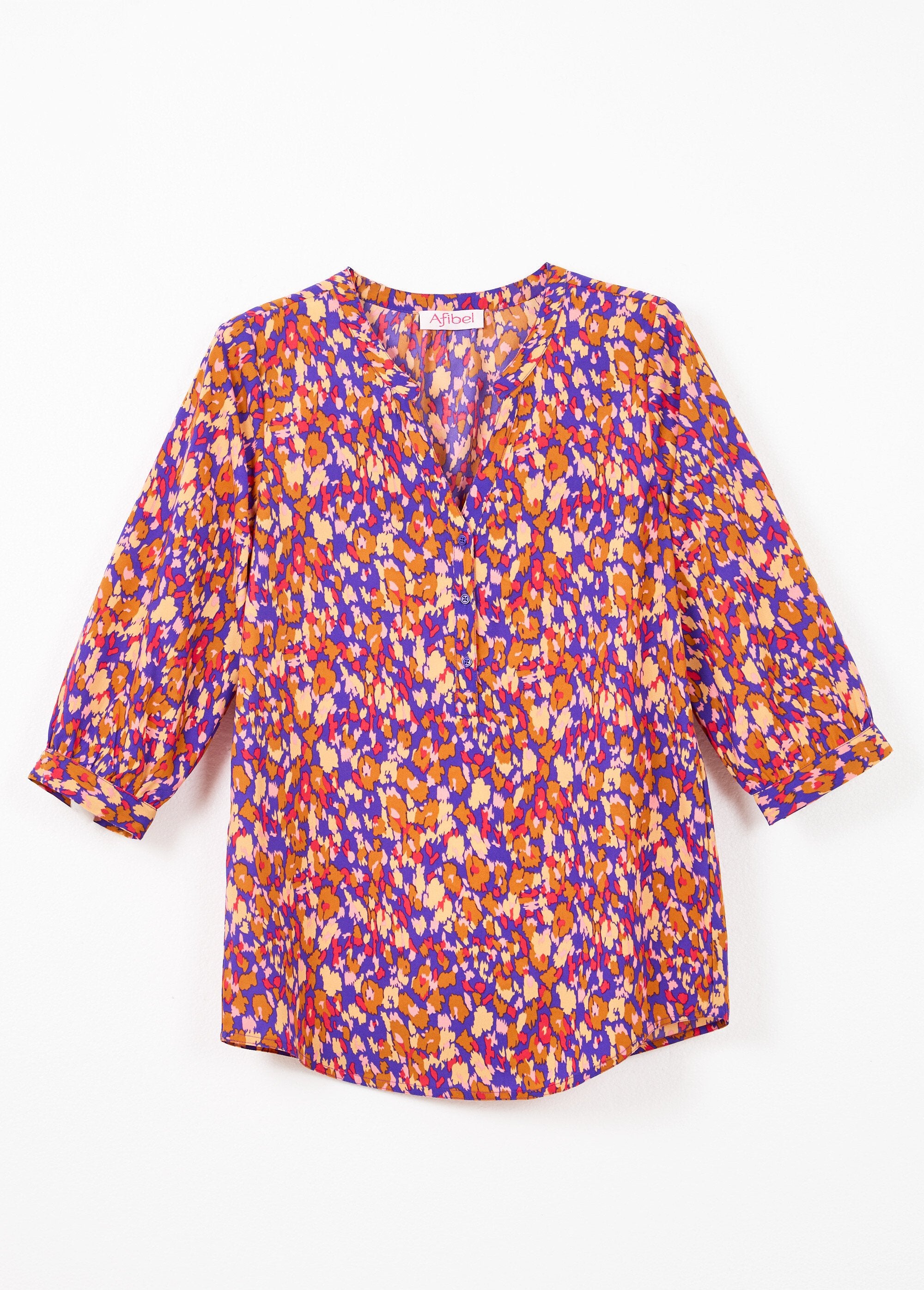 Losvallende_tuniek_met_knoopsluiting,_3/4_mouwen_Marine_et_ocre_AP1_slim