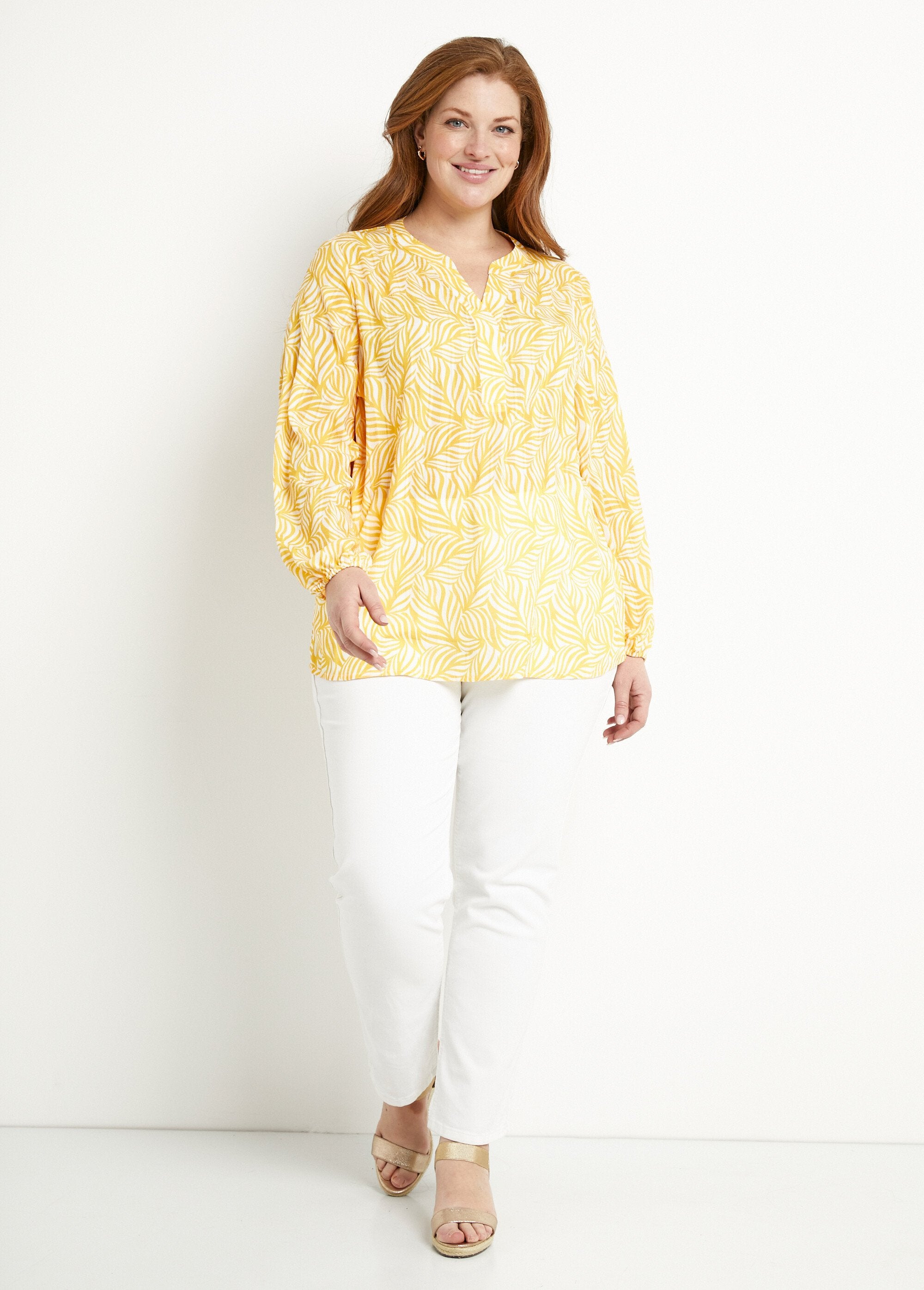 Lange_tuniek_met_knopen,_3/4_mouwen_Jaune_et_blanc_SF1_curvy