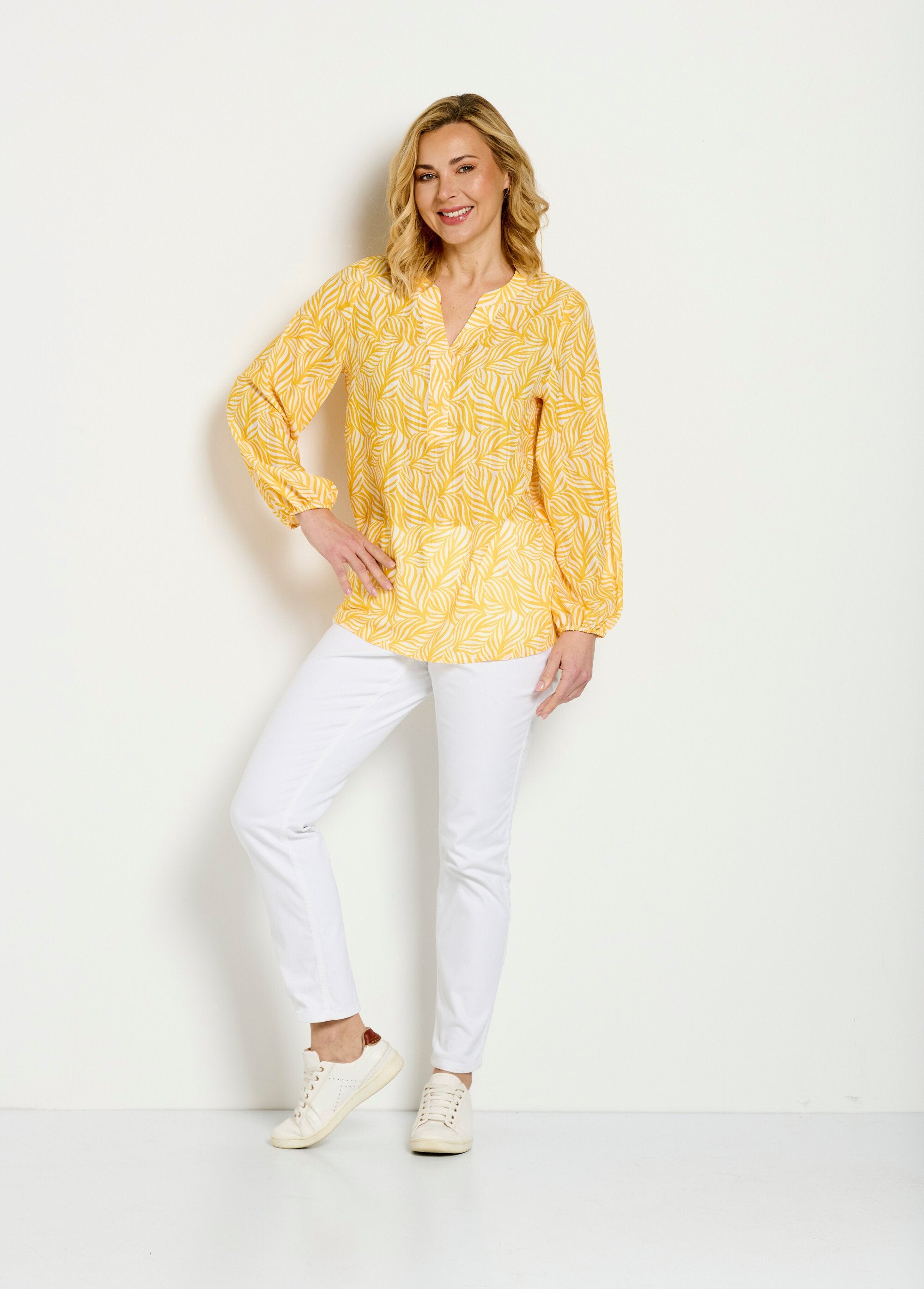 Lange_tuniek_met_knopen,_3/4_mouwen_Jaune_et_blanc_SF1_slim