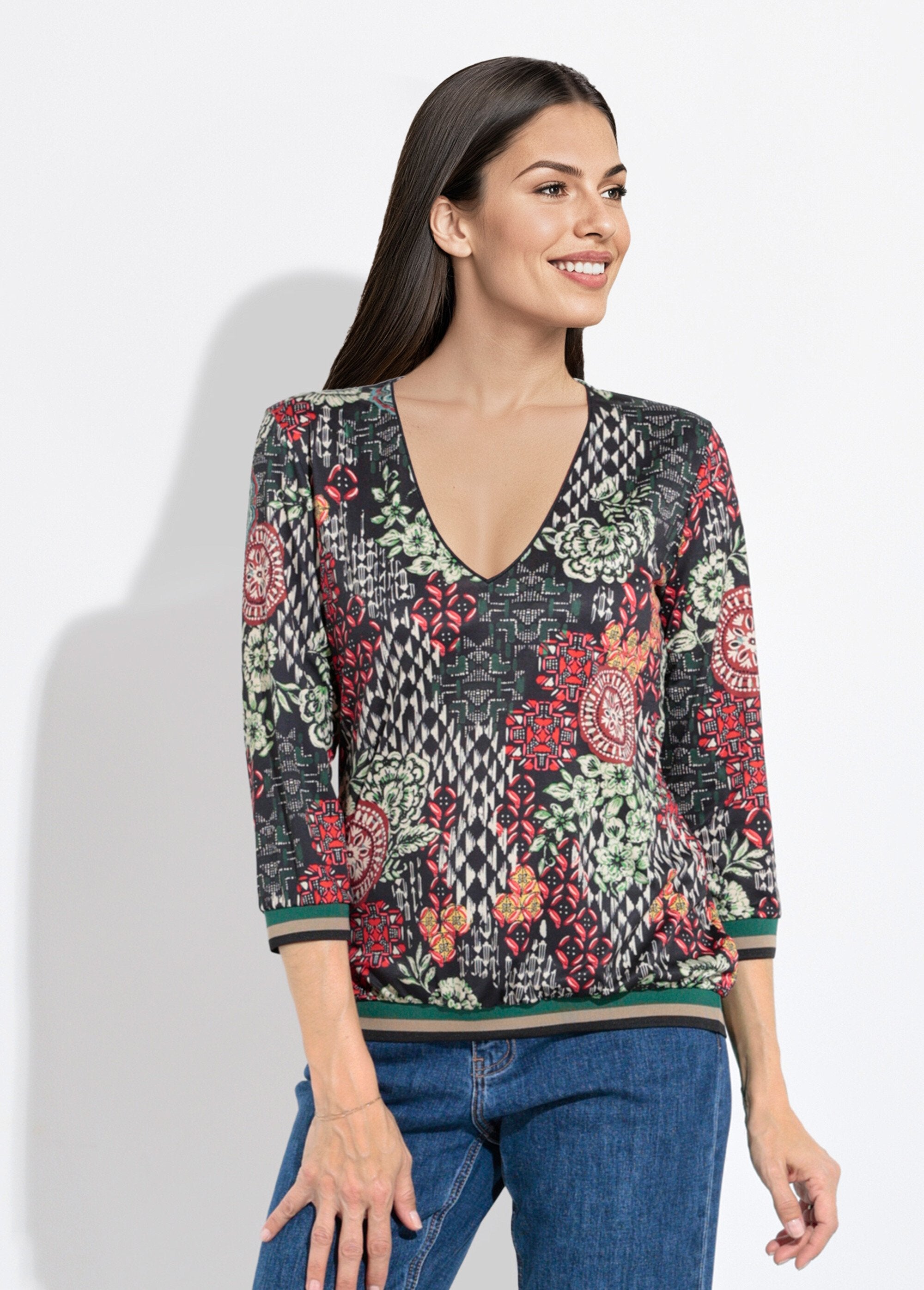 Tuniek_met_V-hals_en_geribde_zoom_Vert_et_orange_FA1_slim