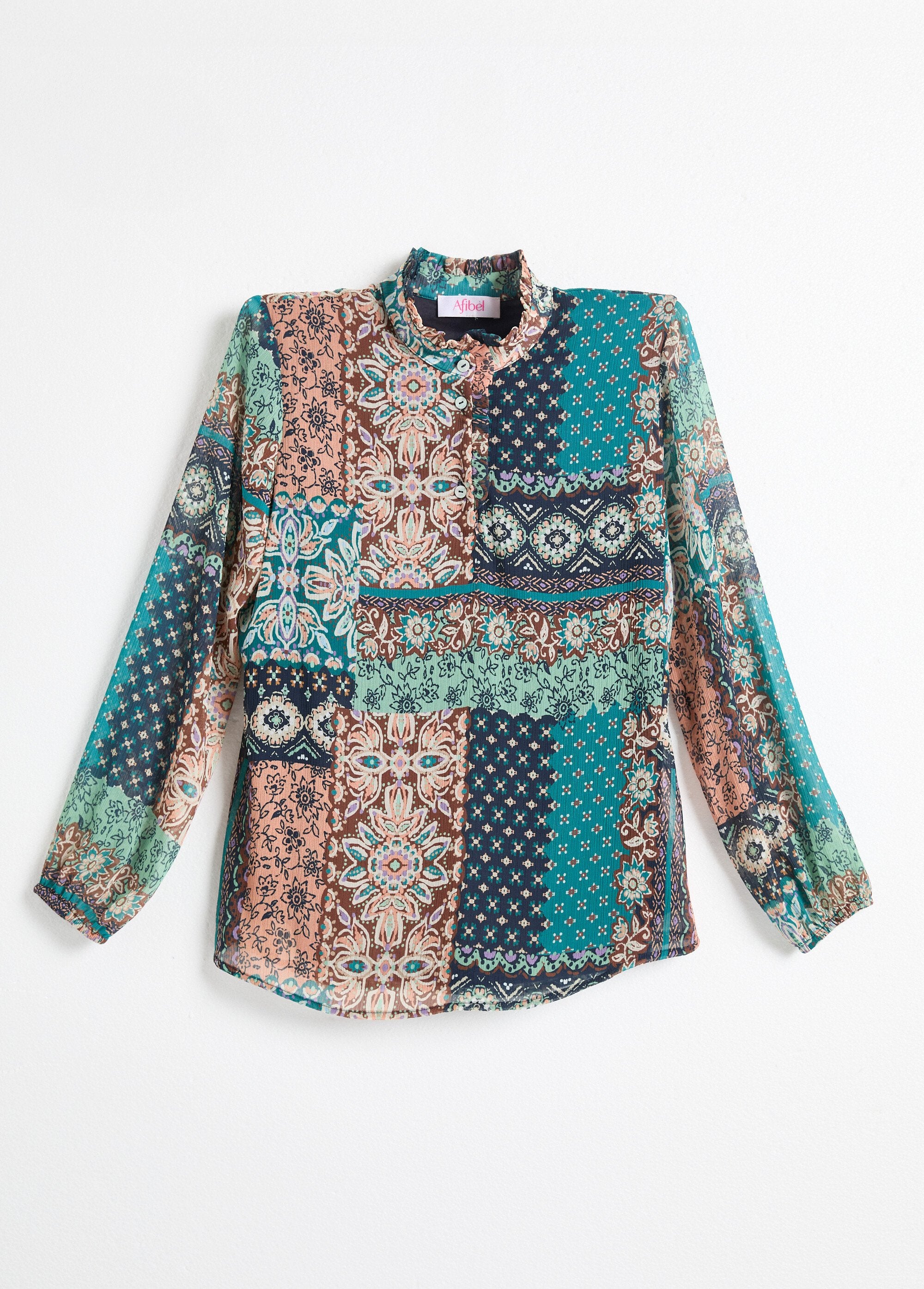 Tuniek_met_kraag_met_ruches_in_crêpe_voile_met_patchworkprint_Vert_et_ecru_AP1_slim