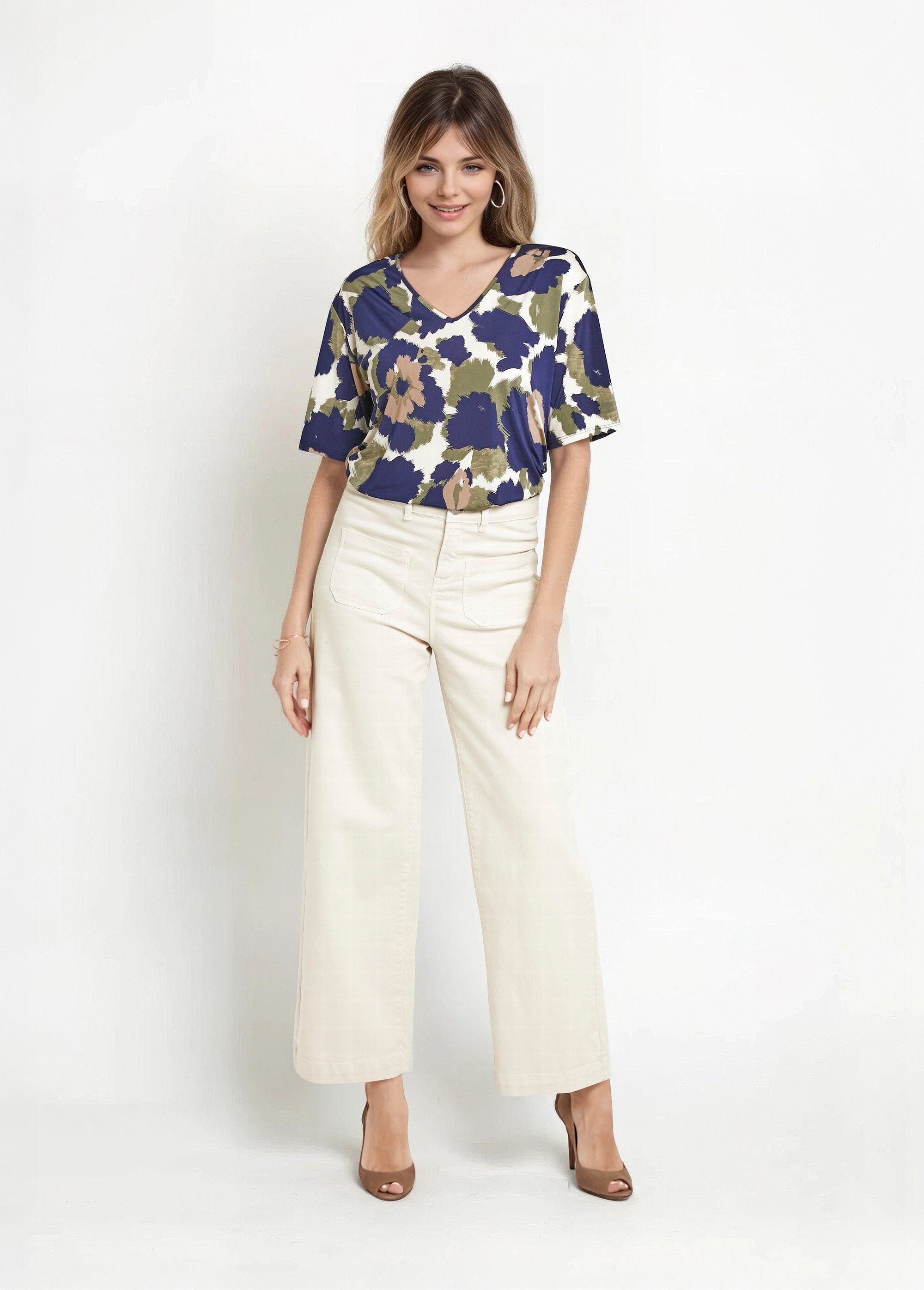 Stretch_tuniek_met_V-hals,_stijlvol_bloemendessin_Marine_et_kaki_SF1_slim